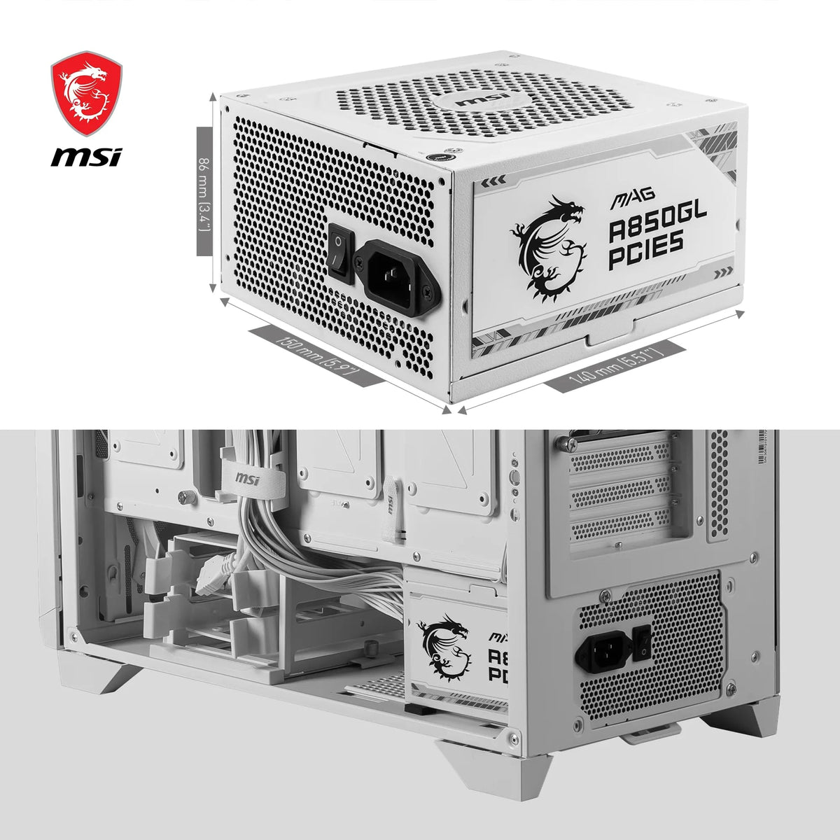 MSI MAG A850GL PCIE5 White Sursă de alimentare, 850W, 80 Plus Gold, complet modulară, ATX 3.0, suport pentru GPU PCIe 5.0, ventilator de 120mm FDB, Full-Bridge LLC, cabluri plate negre. - 306-7ZP8A24-CE0