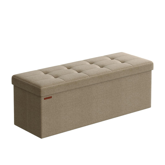 SONGMICS Stool with storage space, folding bench, 38 x 110 x 38 cm footstool, storage box, load capacity up to 300 kg, for living room, bedroom, hallway, camel brown LSF077R01