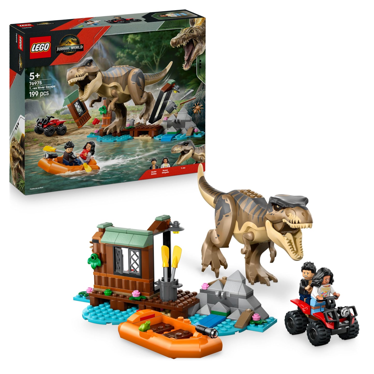 LEGO Jurassic World Escape from the T.Rex - Interactive toy with dinosaur figure, boat, ATV and 2 minifigures - gift for boys and girls aged 5 and up - 76975