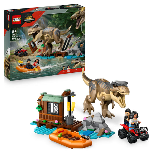 LEGO Jurassic World Escape from the T.Rex - Interactive toy with dinosaur figure, boat, ATV and 2 minifigures - gift for boys and girls aged 5 and up - 76975