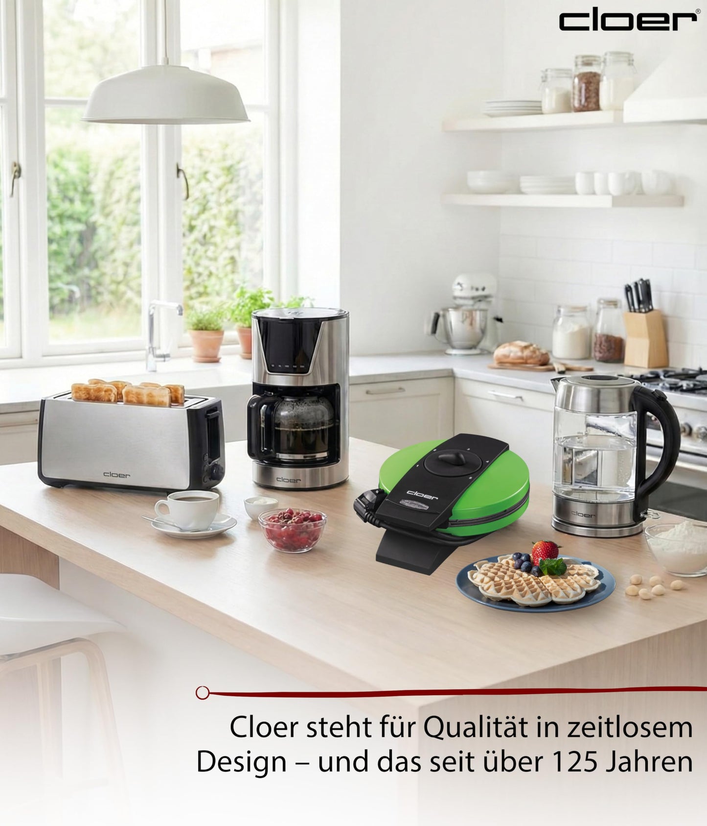 Cloer 1627-14 waffle iron for classic heart waffles, 930 W, waffle size 15.5 cm, continuously selectable browning level, green
