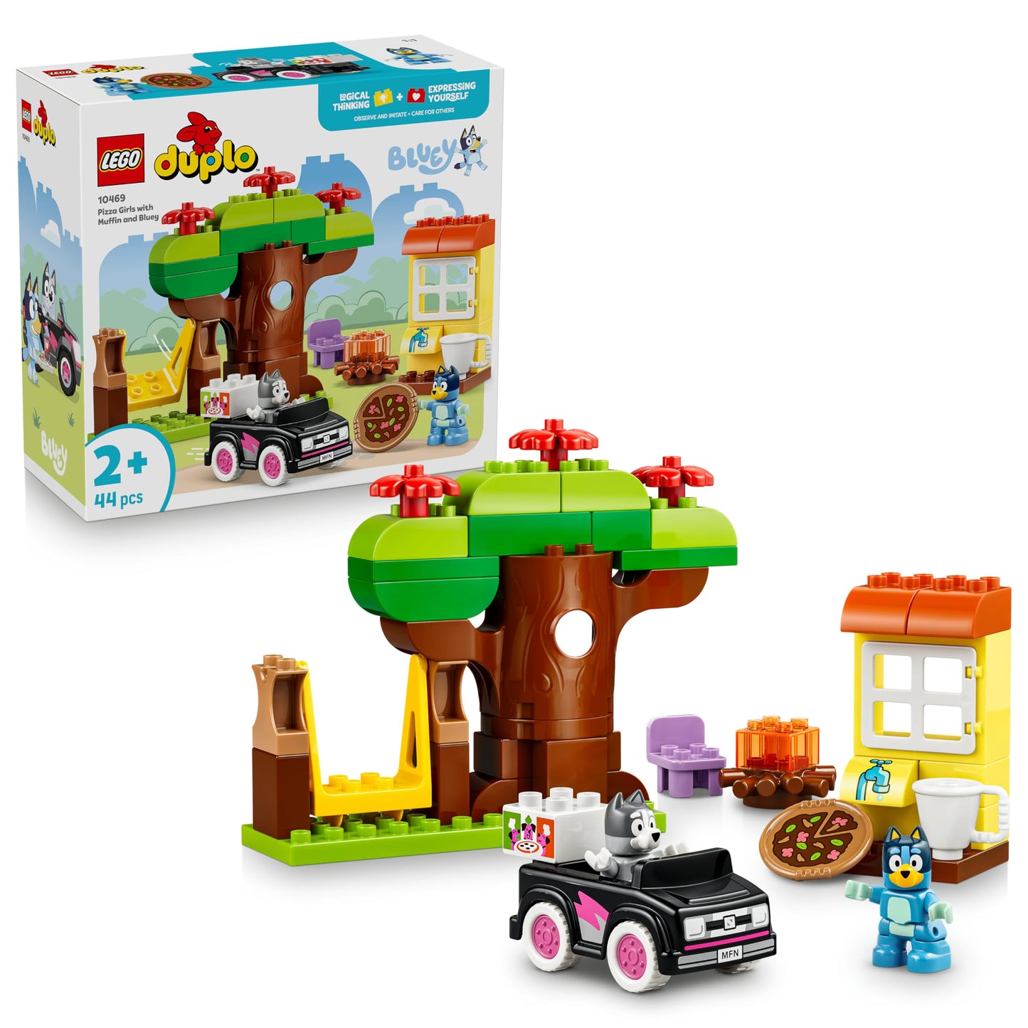 LEGO DUPLO Bluey Pizza Sisters with Muffin and Bluey - Motor Skills Toy for Toddlers - Montessori Set with Car, 2 Figures, Tree & Swing - Gift for Girls & Boys from 2 Years - 10469