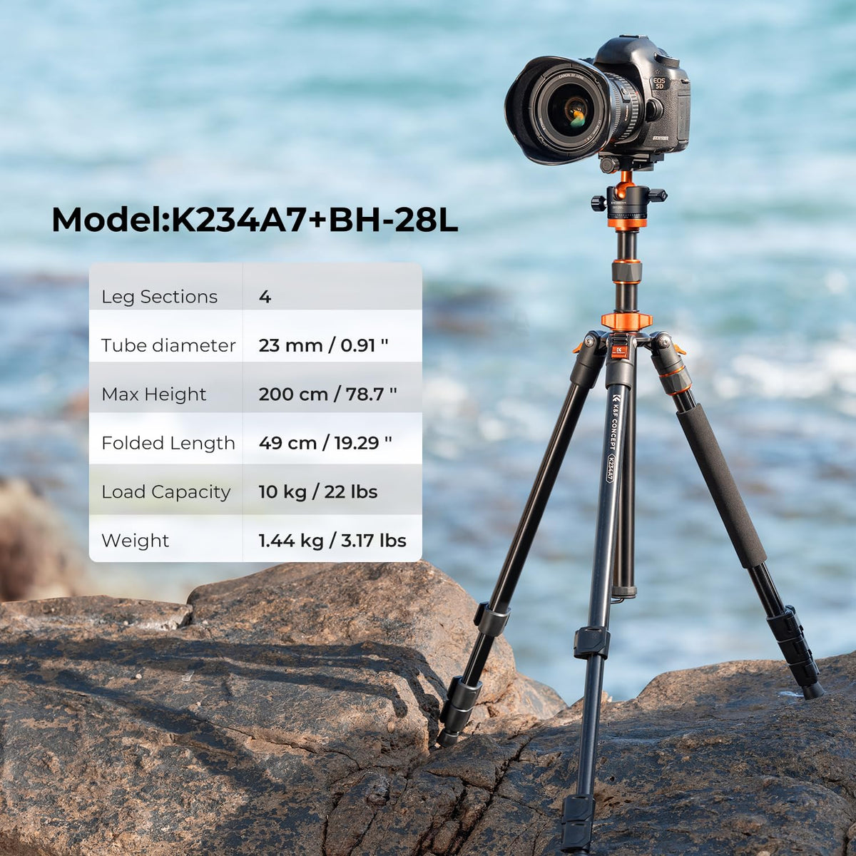K&F Concept 200cm tripod, aluminum camera tripod, K234A7(S210) tripod with monopod function, 360° ball head incl. quick-release plate for Canon Nikon Sony Olympus - O234A7+BH-28L