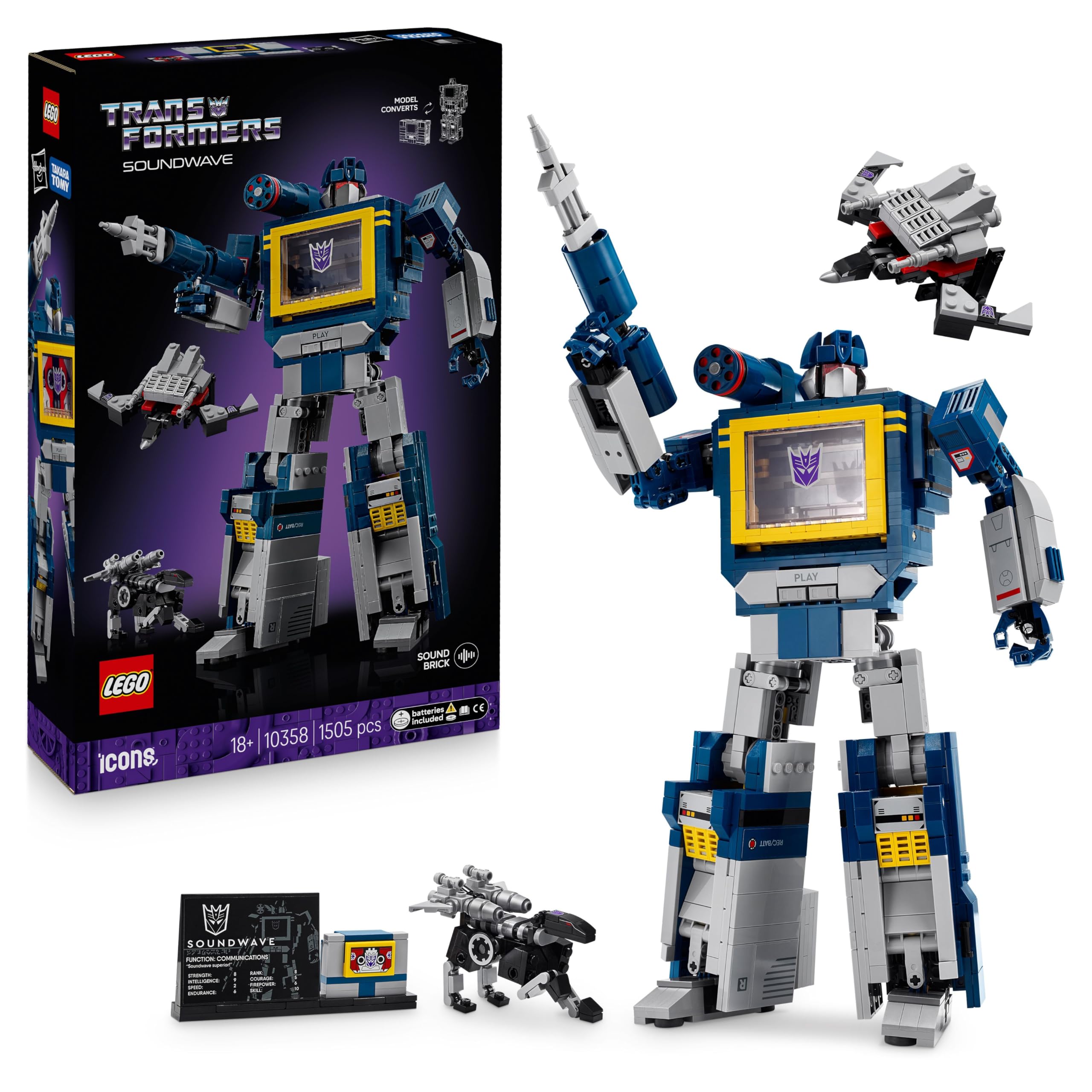 LEGO Icons Transformers: Soundwave set for adults - model building with transformable figures including Laserbeak & Ravage and a sound stone - collector's item & gift for fans - 10358