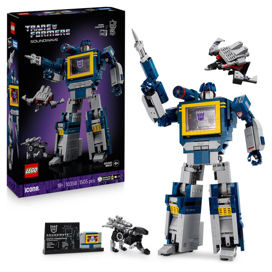LEGO Icons Transformers: Soundwave set for adults - model building with transformable figures including Laserbeak & Ravage and a sound stone - collector's item & gift for fans - 10358