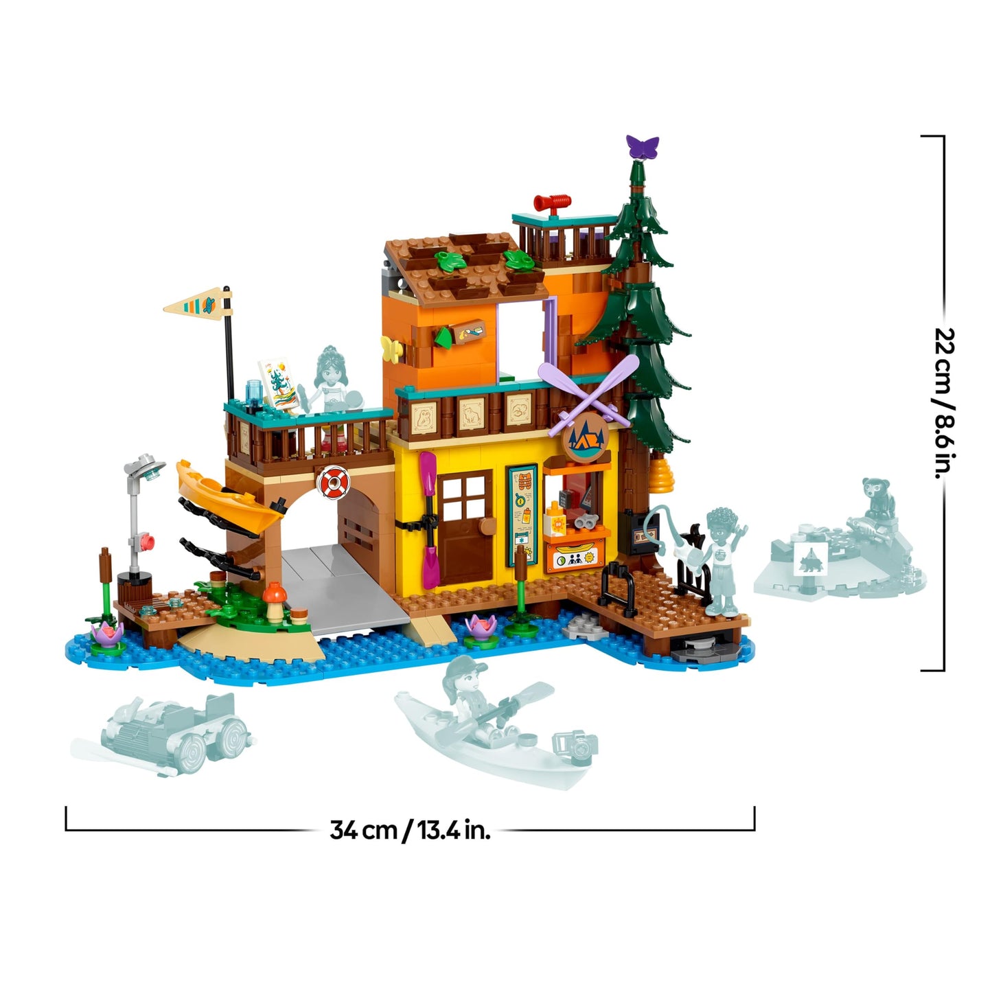 LEGO Friends adventure camp with kayak, building toy for role play, gift idea for girls and boys aged 7 and up, set with 3 toy figures and a bear, camping toy 42626