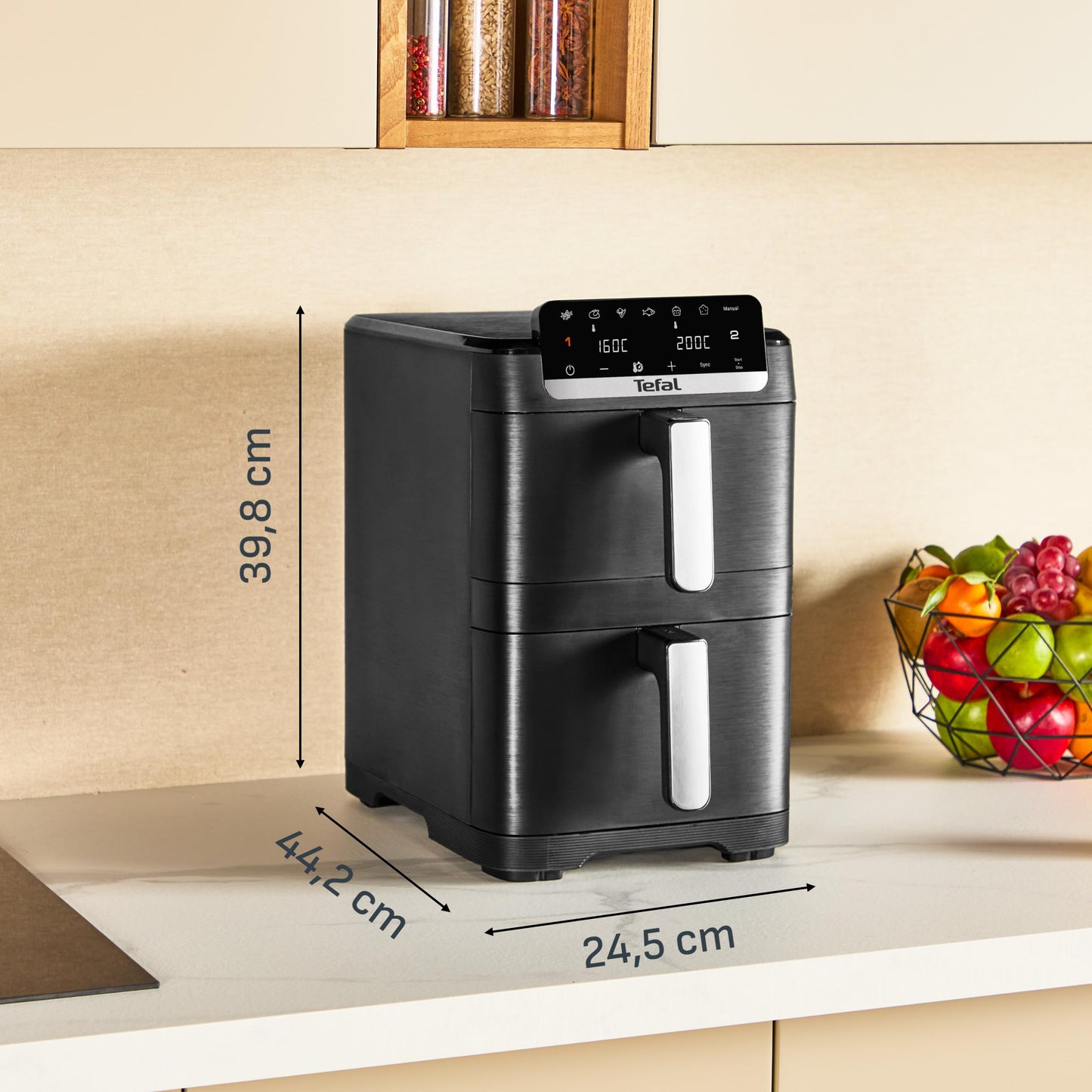 Tefal Easy Fry Crispy Stack double chamber hot air fryer, 4/6 liter drawers with separate temperature setting, EvenFry technology, 6 cooking modes + manual mode, space saving, black, EY7528E0