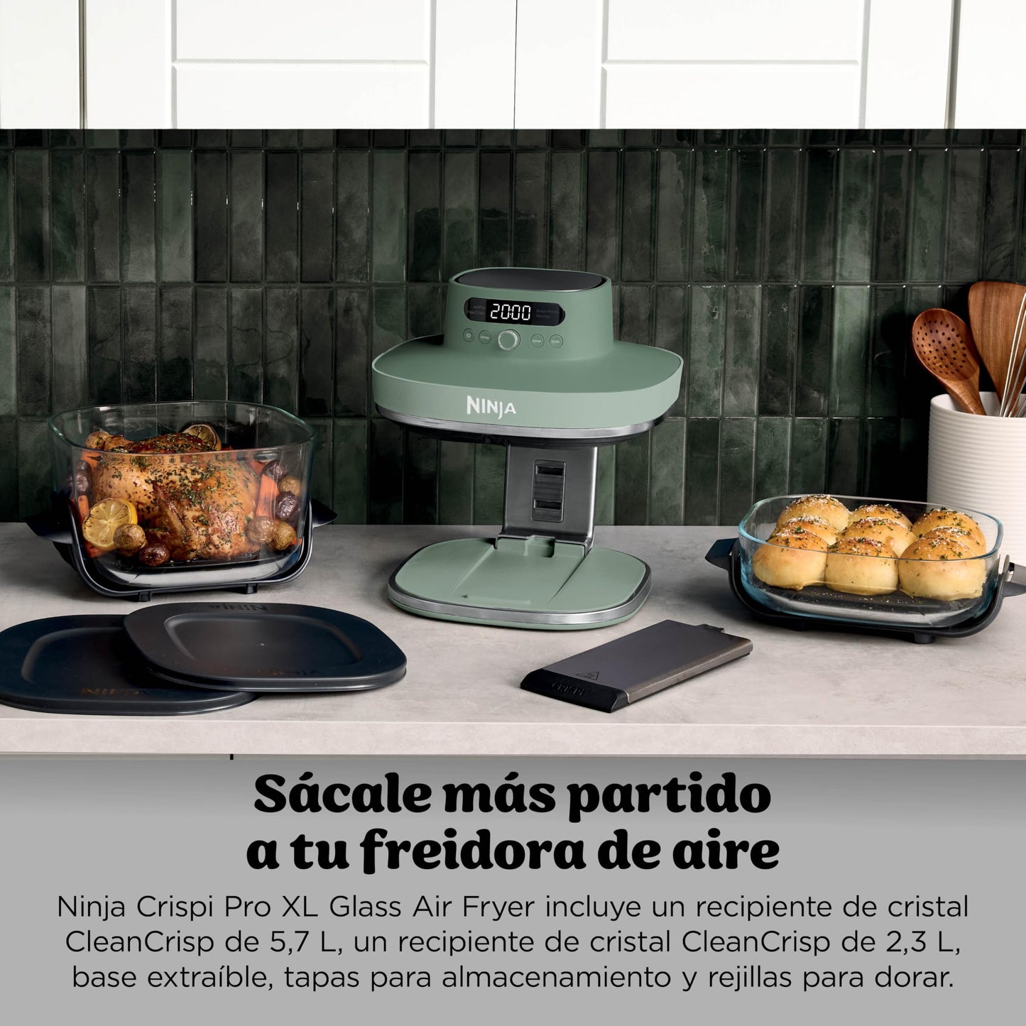 Ninja CRISPi PRO XL Glass Air Fryer, 5 Preset Cooking Functions, CleanCrisp Glass Containers (5.7L and 2.3L) and Storage Lid, Moss Green AS090EUGN