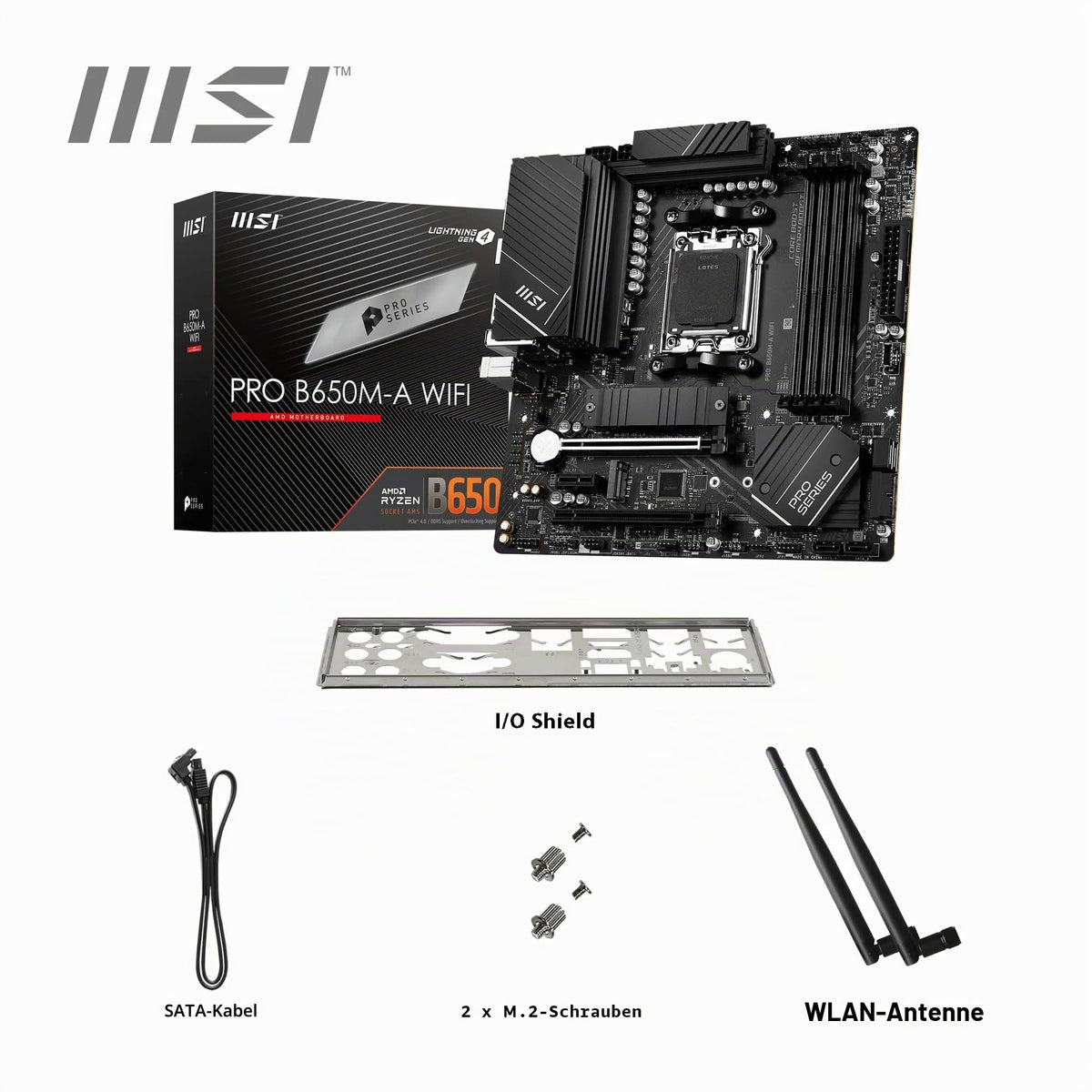 MSI PRO B650M-A WiFi Motherboard, Micro-ATX - Supports Ryzen 9000, 8000 & 7000 Series Processors, AM5 - DDR5 Memory Boost 6400+MHz/OC, 2 x PCIe 4.0 x16, 2 x M.2 Gen4, Wi-Fi 6E - 7D77-001R