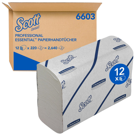 Scott Essential paper towels, 2-ply white narrowfold towel paper, made from FSC-certified paper, 12x 220 paper towels (2,640 in total), item no. 6603