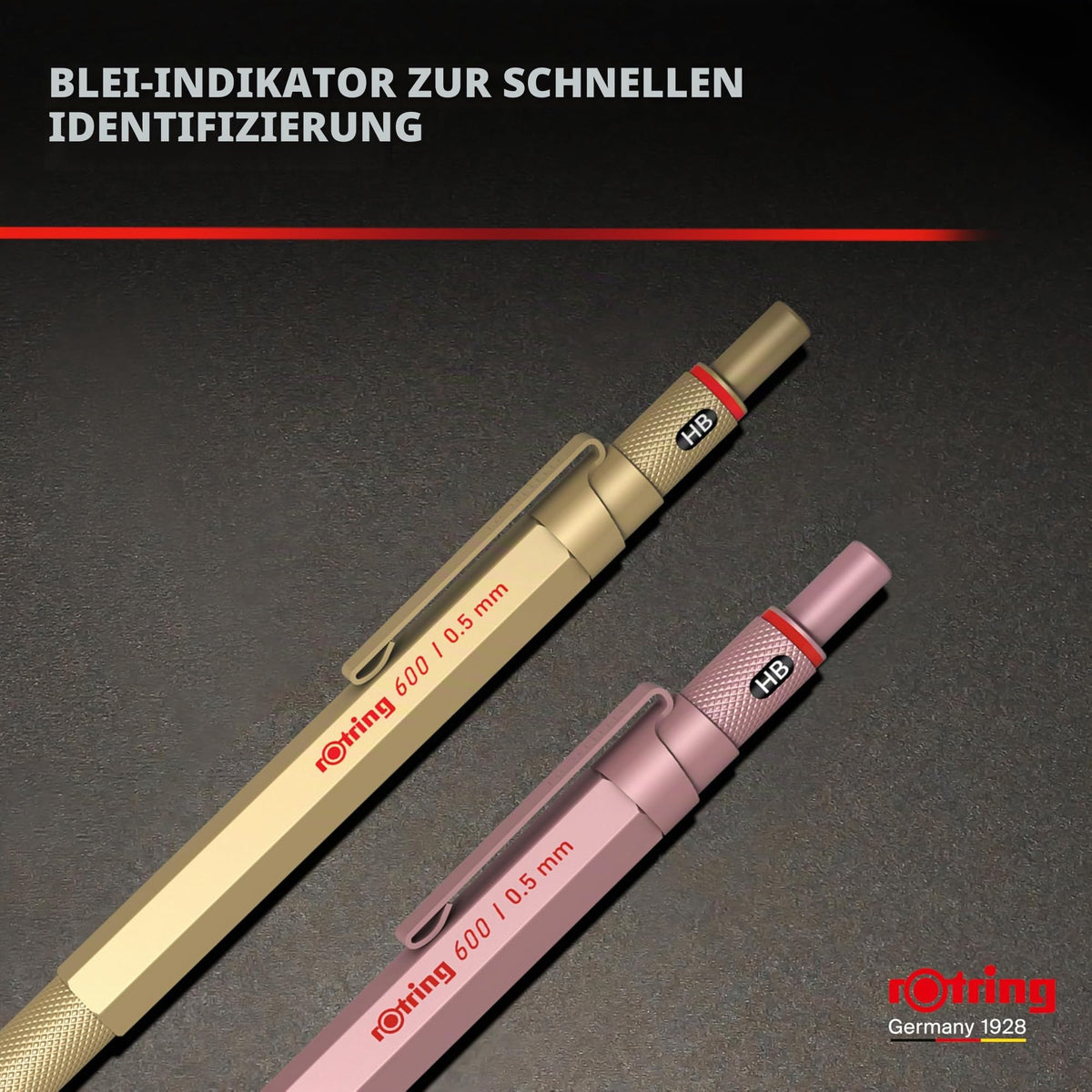 rOtring 600 Mechanical Pencil | HB Lead 0.5 mm | Twist Mechanism Pencil with Full Metal Body | Gold | Non-slip Knurled Grip Zone and Hexagonal Shaft - 2158796