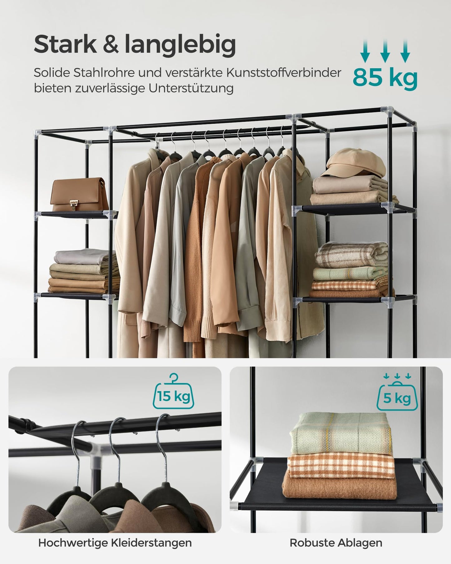 SONGMICS wardrobe, fabric cabinet, with clothes rail and shelves, fabric cover, for bedroom, dressing room, 150 x 45 x 175 cm, black LSF03H