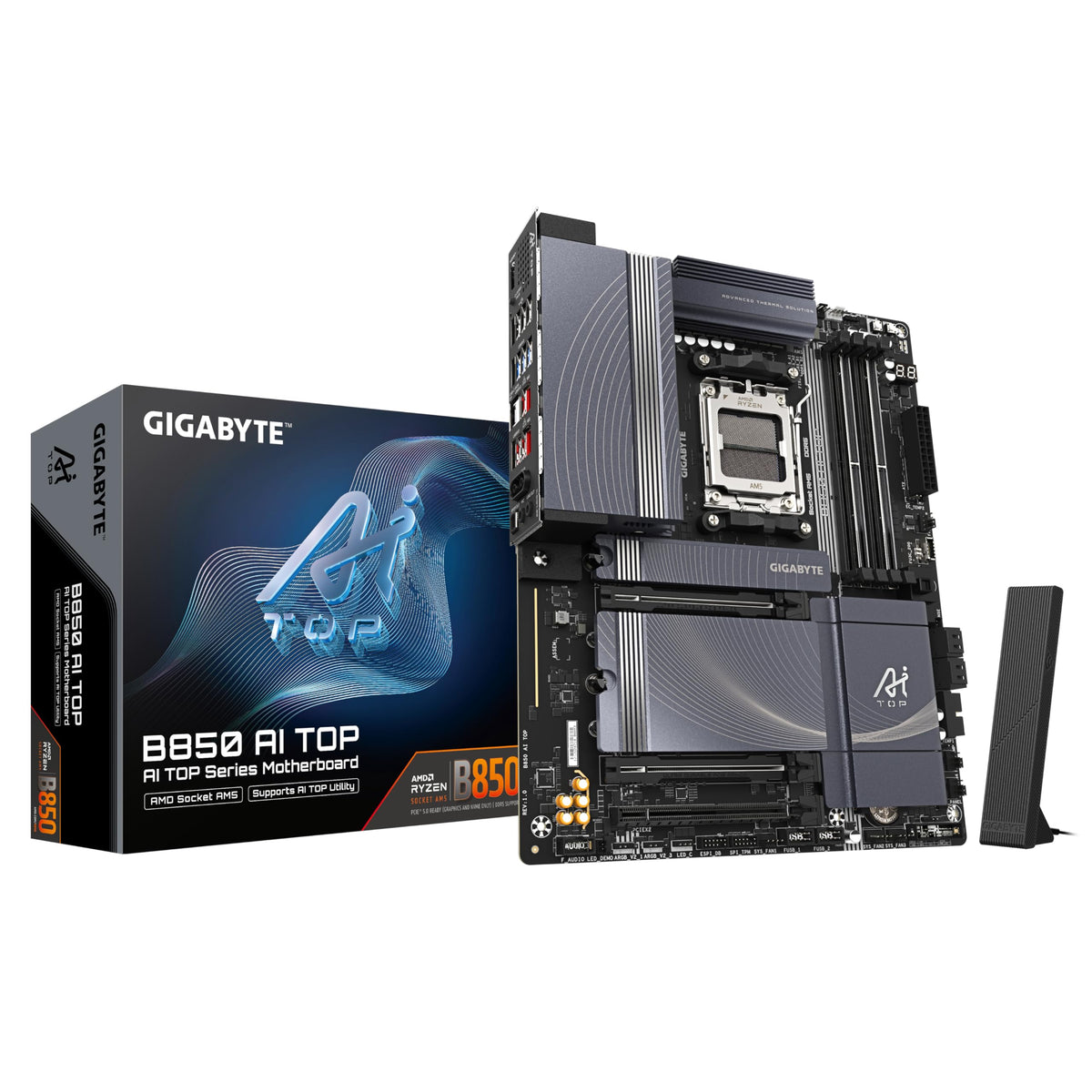GIGABYTE B850 AI TOP Motherboard - Compatible with AMD Ryzen 9000 Series CPUs, featuring a 16+2+2 Phase Digital VRM, supports up to 8600MHz DDR5 (OC), 2xPCIe 5.0 + 1xPCIe 4.0 M.2, 10 GbE LAN, WiFi 7, USB 3.2 Gen 2x2.