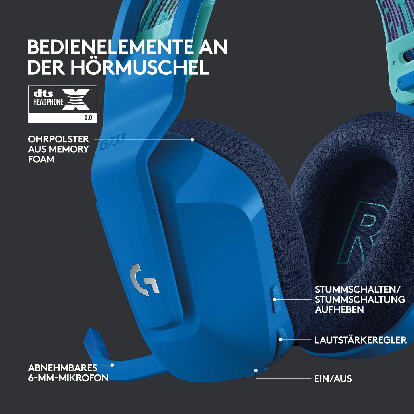 Logitech G733 LIGHTSPEED wireless gaming headset with headband, LIGHTSYNC RGB, Blue VO!CE microphone technology, PRO G speakers, ultralight, 29-hour battery life, 20m range - Blue - 981-000943