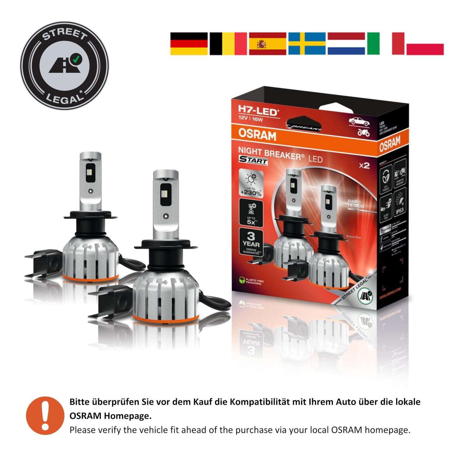Osram NIGHT BREAKER LED START H7, LED high and low beam with street approval, up to 230% more brightness, 6000 K, 12 V - 64210DWNBST-2HB