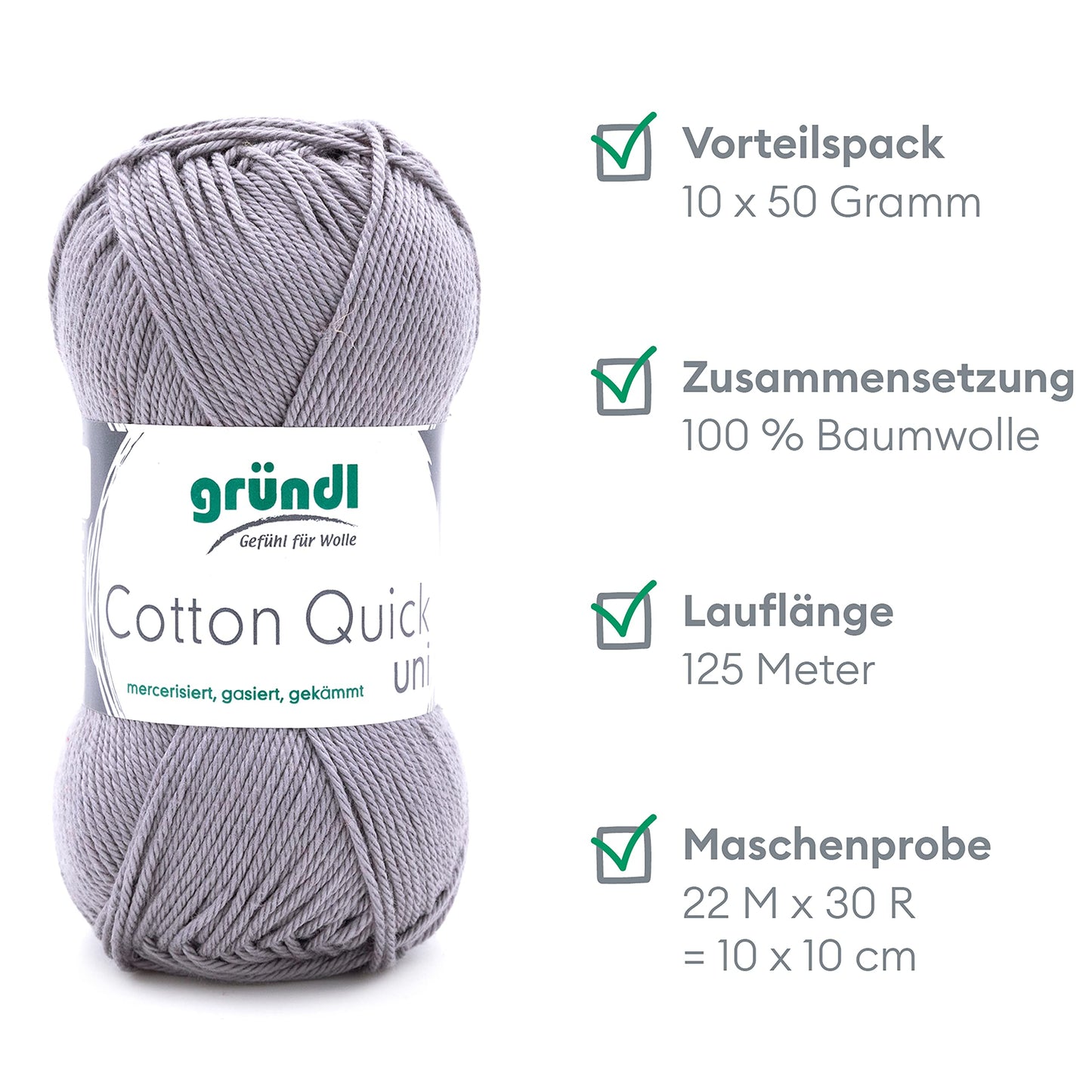 Gründl Wolle Cotton Quick uni - thin wool for crocheting - knitting yarn - crochet yarn - shiny and skin-friendly - 100% cotton - 10 balls 50 g / 125 m - needle size 3-4 - silver gray - 865-70
