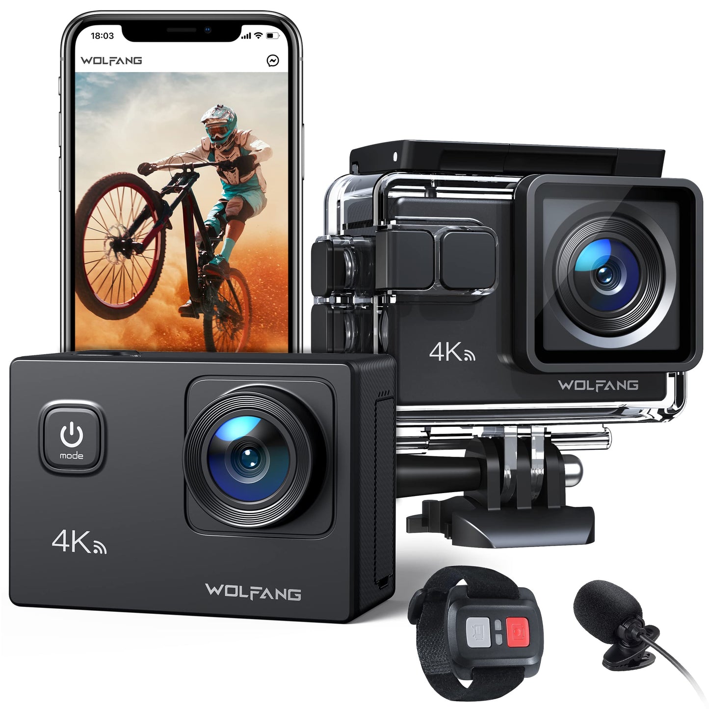 WOLFANG Action Cam GA100 4K 30FPS 20MP WiFi, waterproof 40M underwater camera, EIS anti-vibration, 170° wide angle, remote control, double microphone, 2 x 1050mAh battery, accessory kit