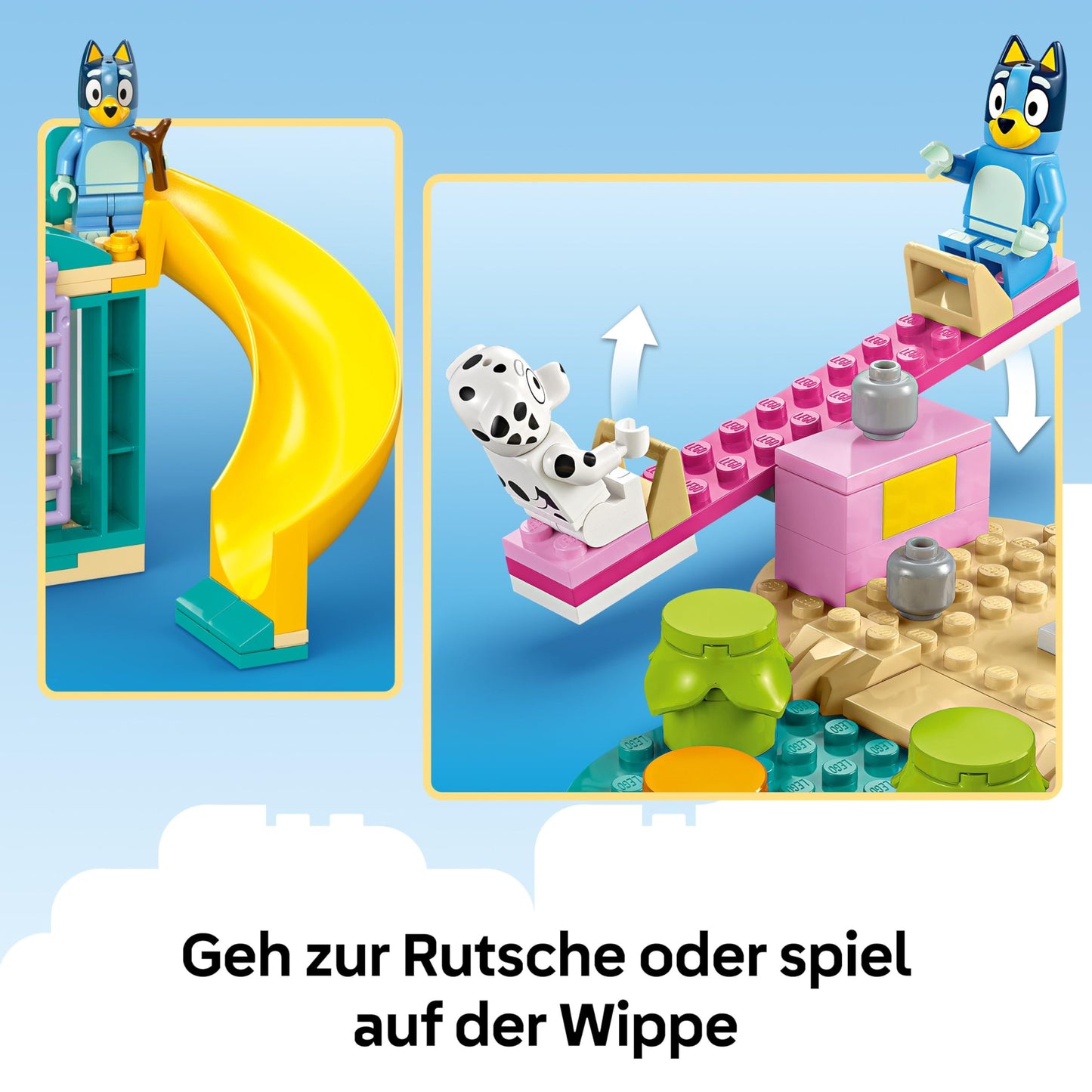 LEGO Bluey Playground Fun with Bluey and Chloe - Toy for 4+ Year Old Girls & Boys - incl. 2 Minifigures, a Functional Pink See-Saw, Slide, Climbing Frame & 3 Plants - Gift for TV Show Fans - 11201