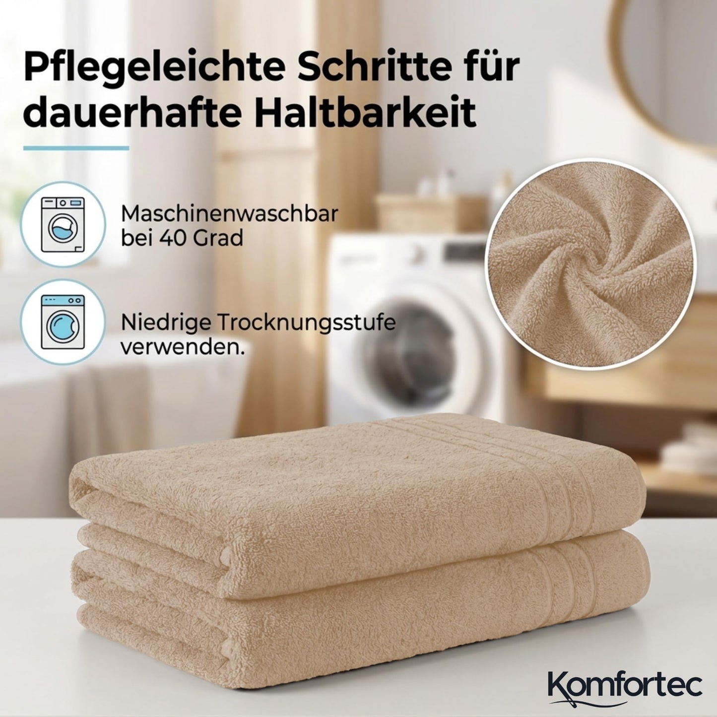 Komfortec 2 sauna towel set 80x200 cm, large sauna towels made of 100% cotton, sauna towels, fluffy and absorbent, quick-drying, sand/beige - 2er-80x200-beige