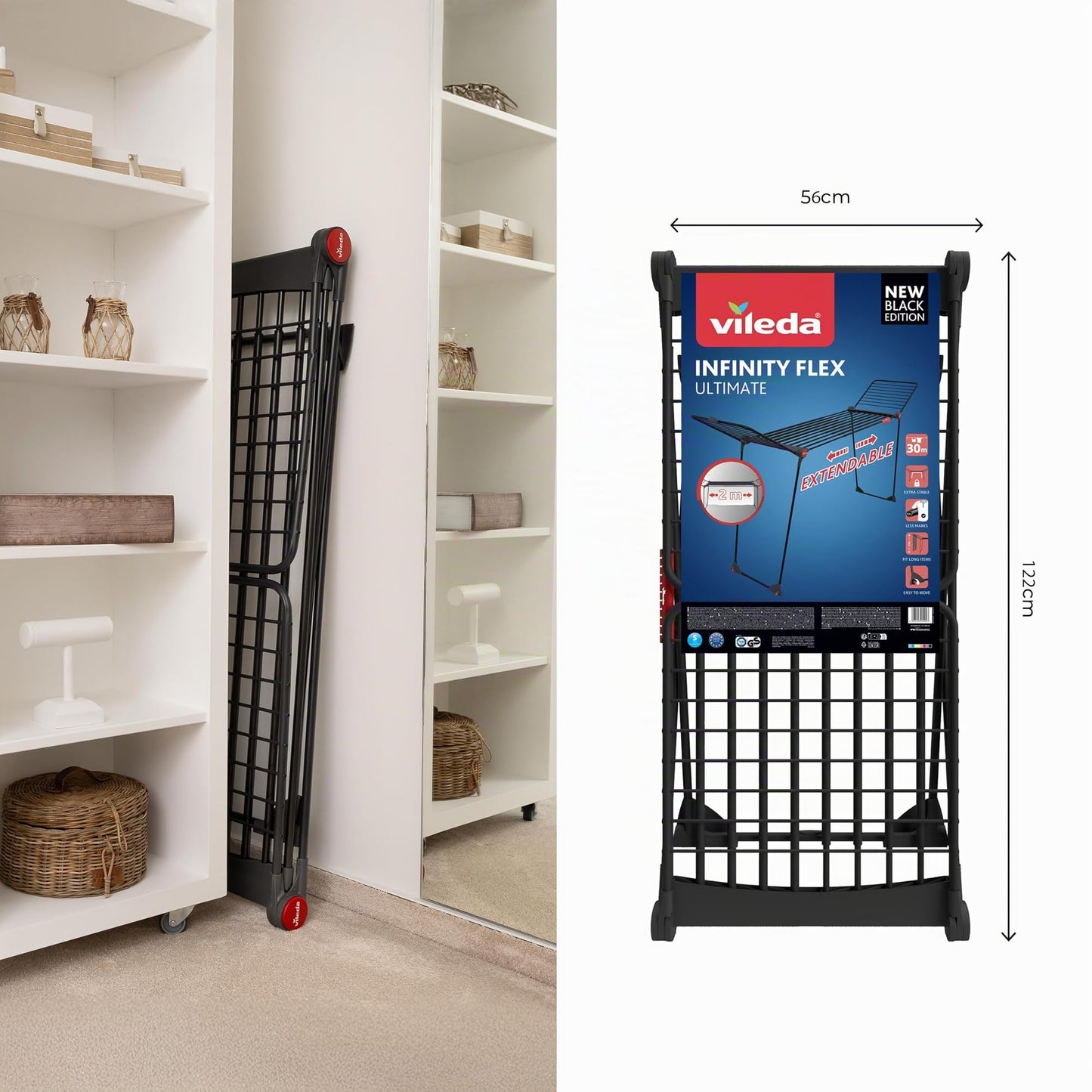 Vileda Infinity Flex Ultimate Drying Rack Black Edition | Extendable black telescopic frame, XXL drying rods | Foldable & pre-assembled - fewer marks for large textiles | Comfort pack - 178871