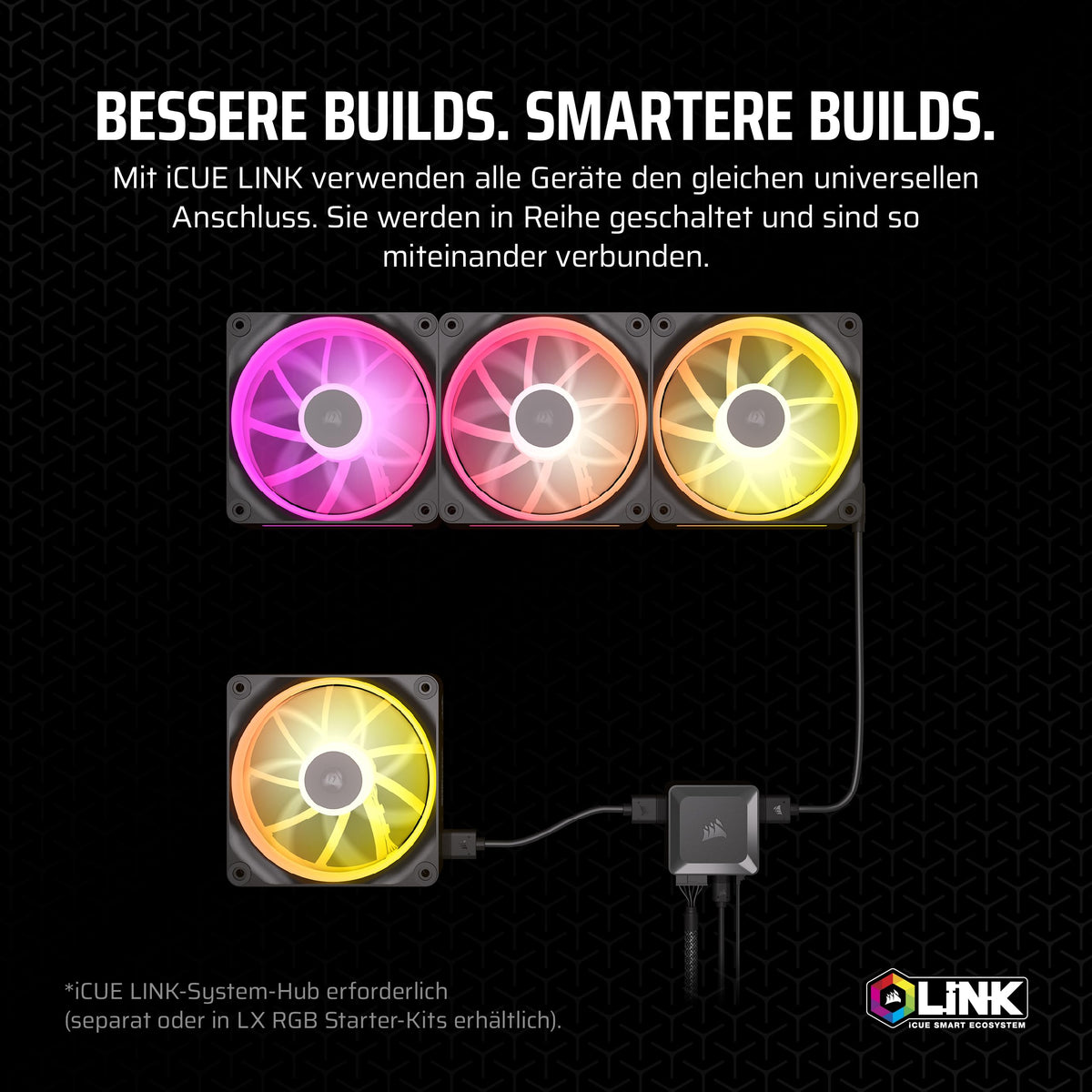 CORSAIR iCUE LINK LX140 RGB ventilator de 140mm PWM, pachet individual – Dual Light Loops – Necesită hub de sistem iCUE LINK (vândut separat) – Tehnologie CORSAIR AirGuide – Negru - CO-9051027-WW