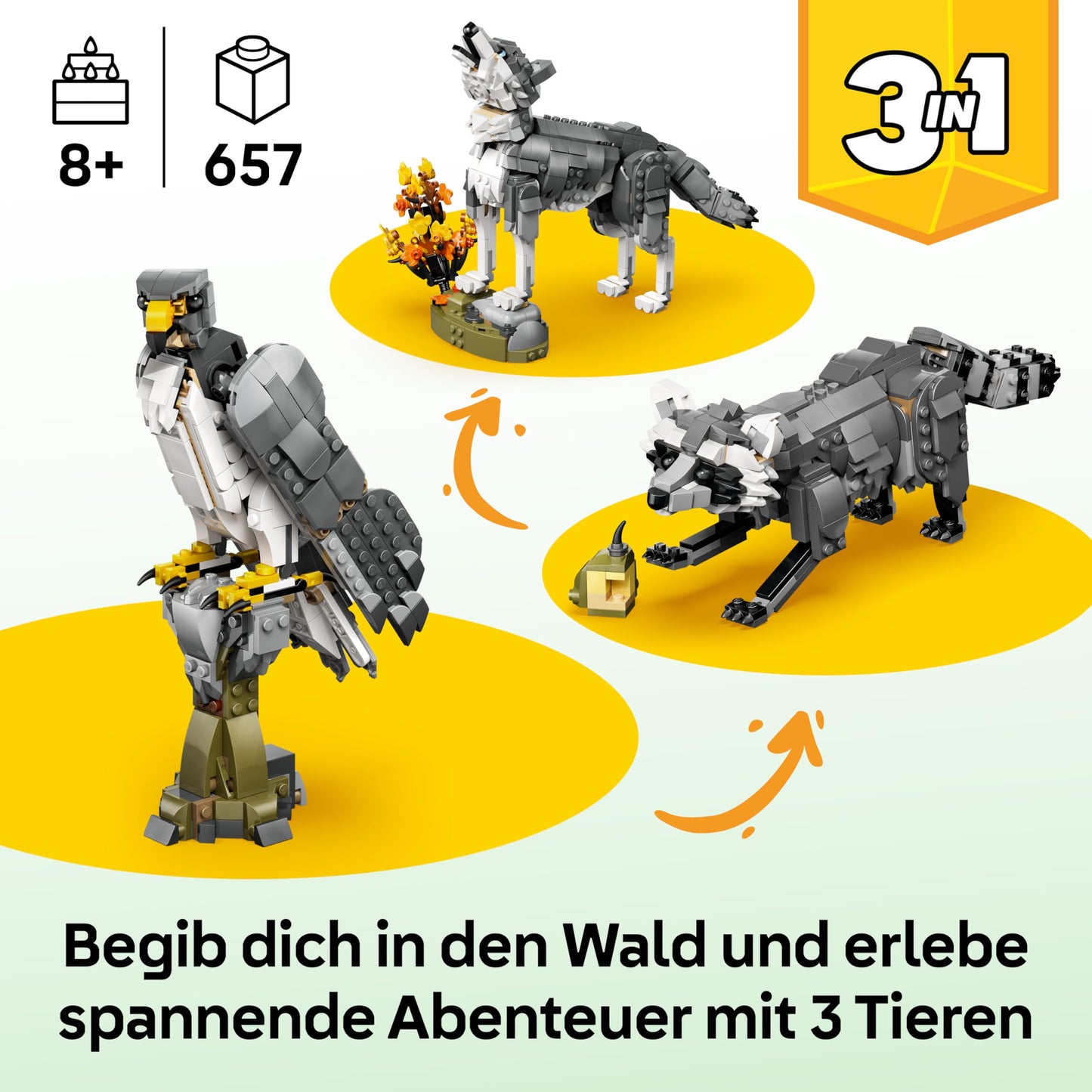LEGO Creator Forest Animals: Wolf Toy - Animal Figure with 2 Building Options - Falcon or Raccoon - DIY Decoration for the Children's Room - Birthday Gift for Girls & Boys Ages 8 and Up - 31393