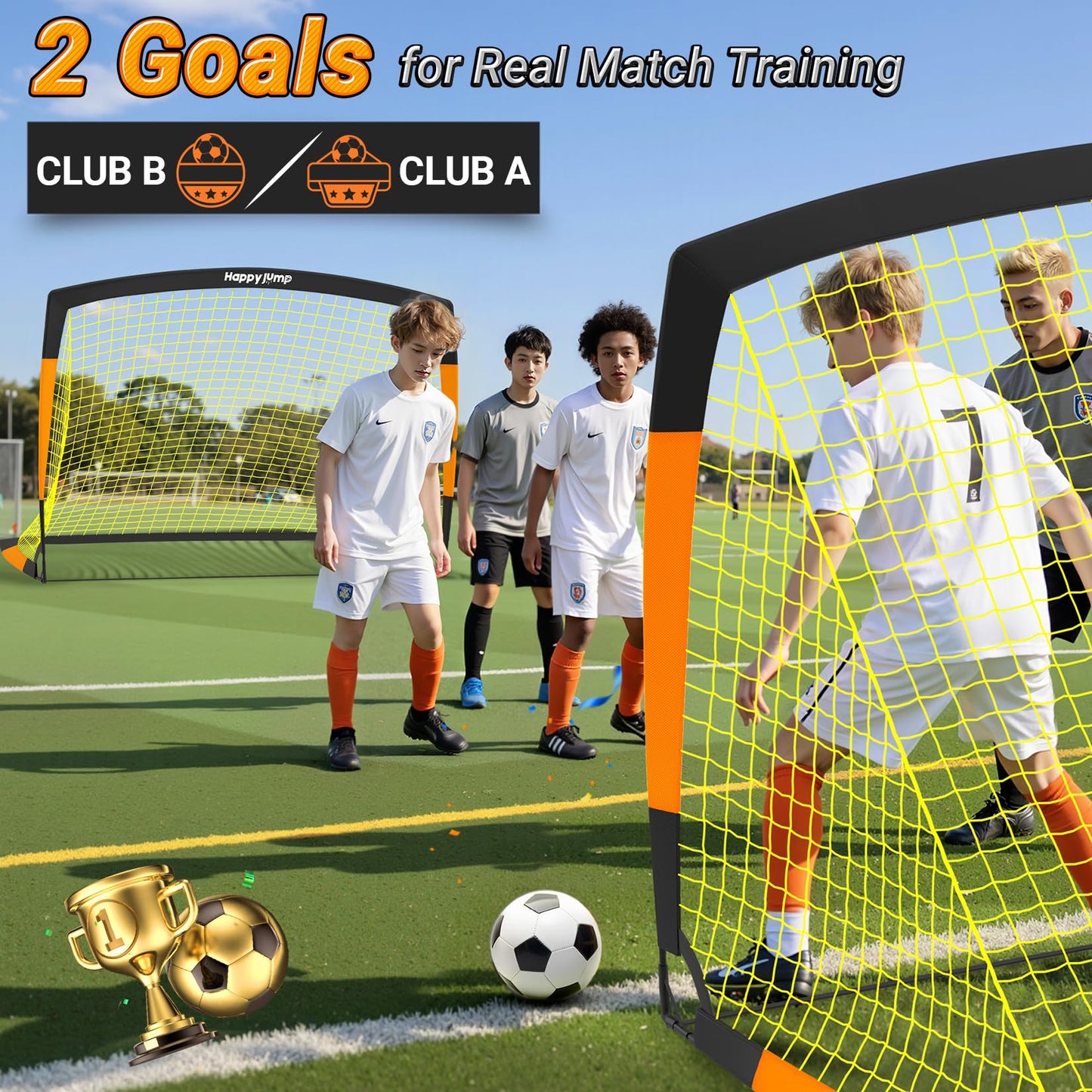 Happy Jump Pop-Up Football Goals - 213x152 cm, 2 goals, black orange with ball, pump, cone & target | Complete training set for garden & family - Z2500600BQ1