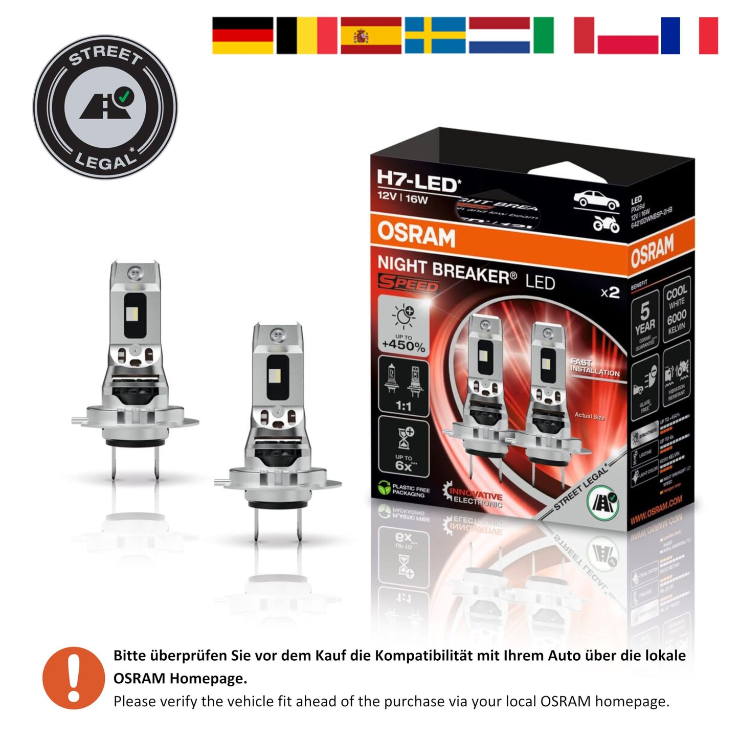 OSRAM NIGHT BREAKER LED SPEED H7 450, LED high and low beam with street approval, up to 450% more brightness, 6000K, quick installation, no mechanical accessories necessary, LEDEC02 integrated - 64210DWNBSP-2HB-450