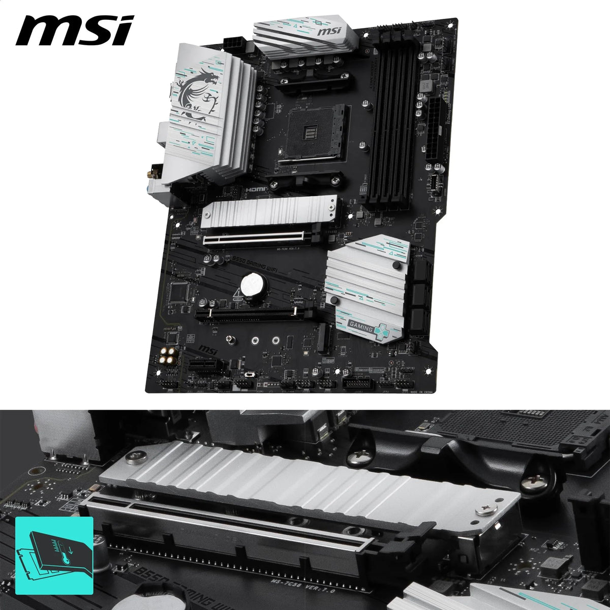 MSI B550 Gaming WiFi Placă de bază, ATX - Suportă procesoare AMD Ryzen 5000 Series, 5000 G-Series, 4000 G-Series și 3000 Series, AM4 - Memorie DDR4 Boost 4400+MHz/OC, PCIe 4.0 x16, M.2 Gen4, 1G LAN - 7C56-085R