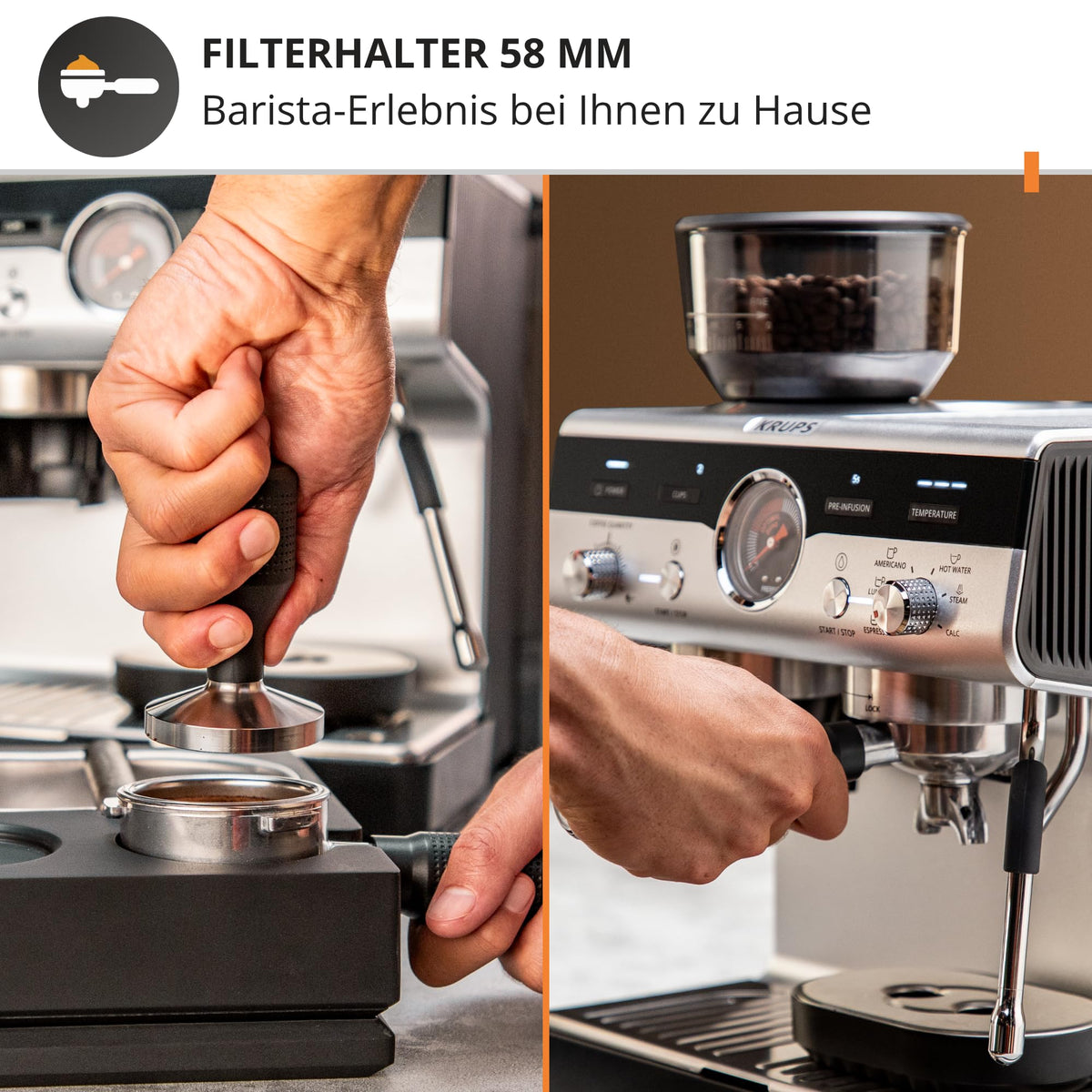 Krups Precision manual espresso machine with grinder, Barista coffee machine with intuitive control panel, pre-infusion settings, espresso machine with steam wand, quick heating, XP801T10