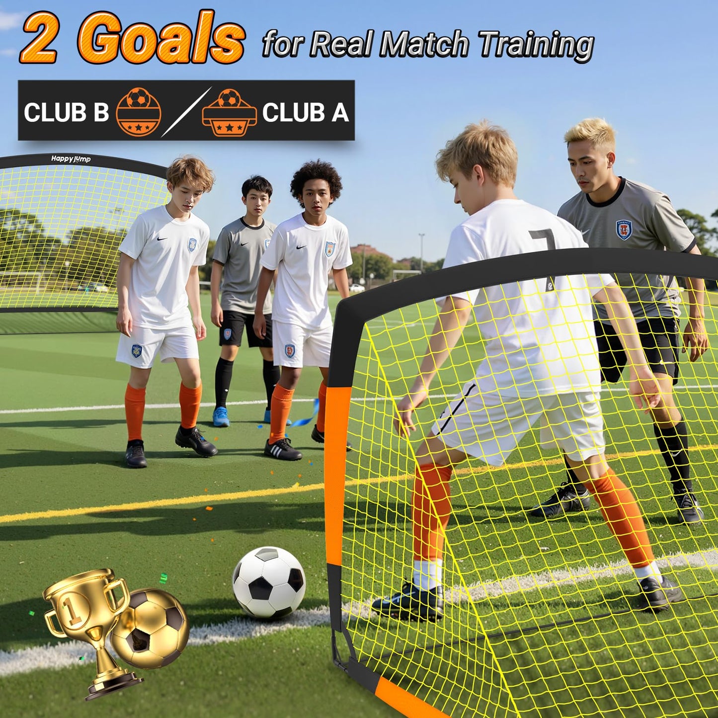 Happy Jump Pop-Up Football Goals - 152x110 cm, 2 goals, black orange with ball, pump, cone & target | Complete training set for garden & family - Z2500700BQ1