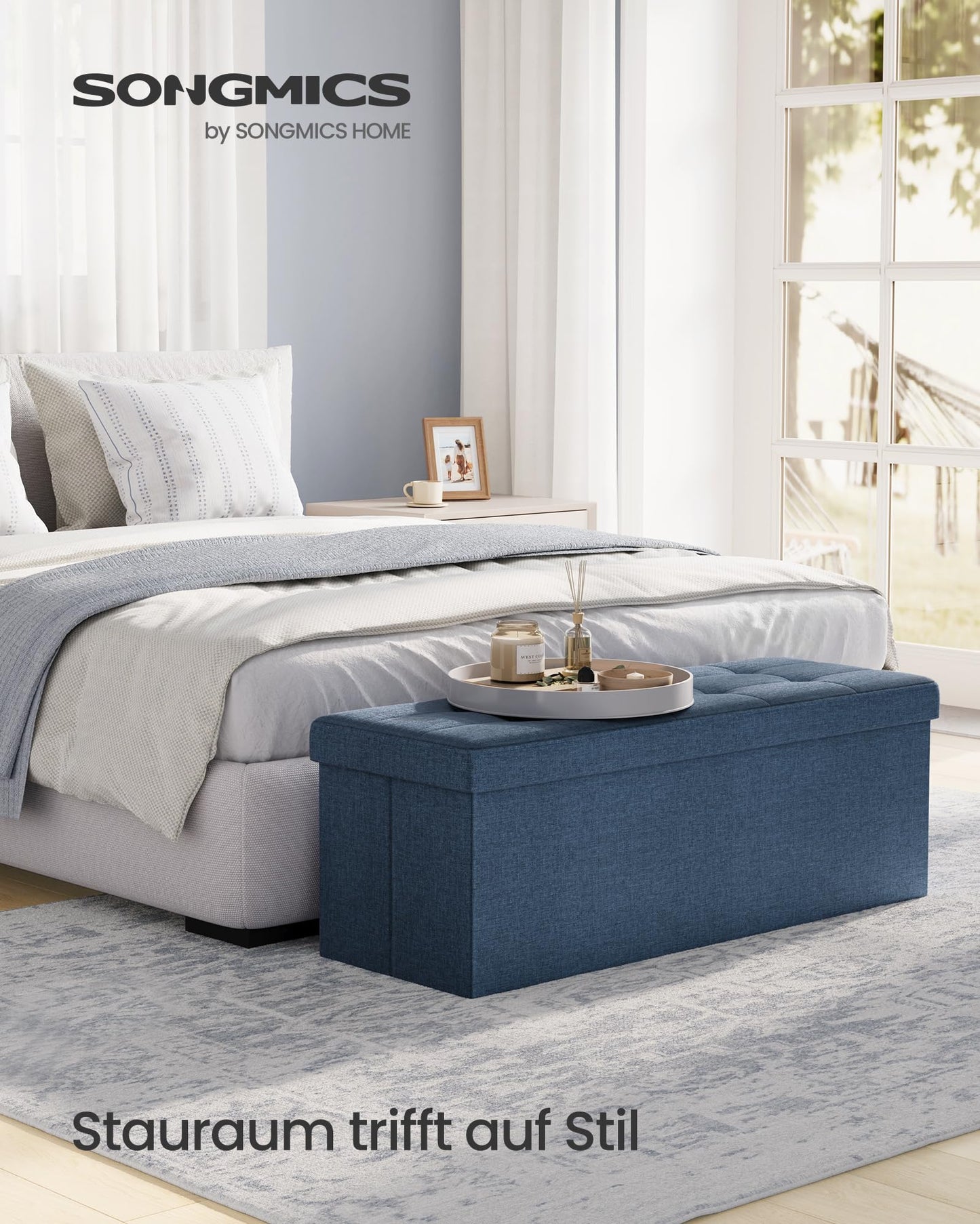 SONGMICS Stool with storage space, folding bench, 38 x 110 x 38 cm footstool, storage box, loads up to 300 kg, for living room, bedroom, hallway, midnight blue LSF77IN