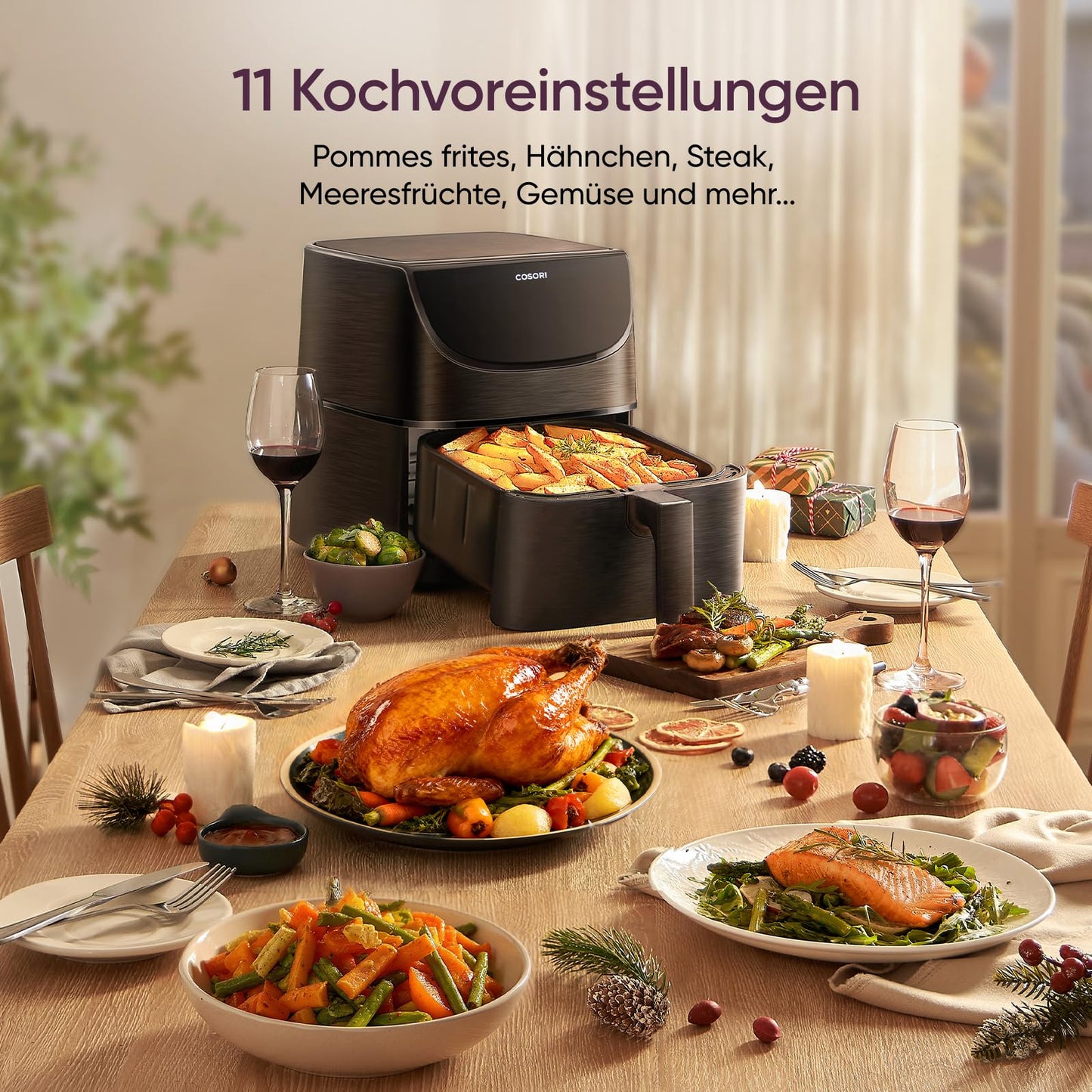 COSORI hot air fryer, Airfryer test winner 2024, 11-in-1 Air Fryer XXL 5.5L, hot air fryer with shake reminder, 97.3 percent oil saving, 67.5 percent energy saving, dishwasher safe baskets - CP158-AF