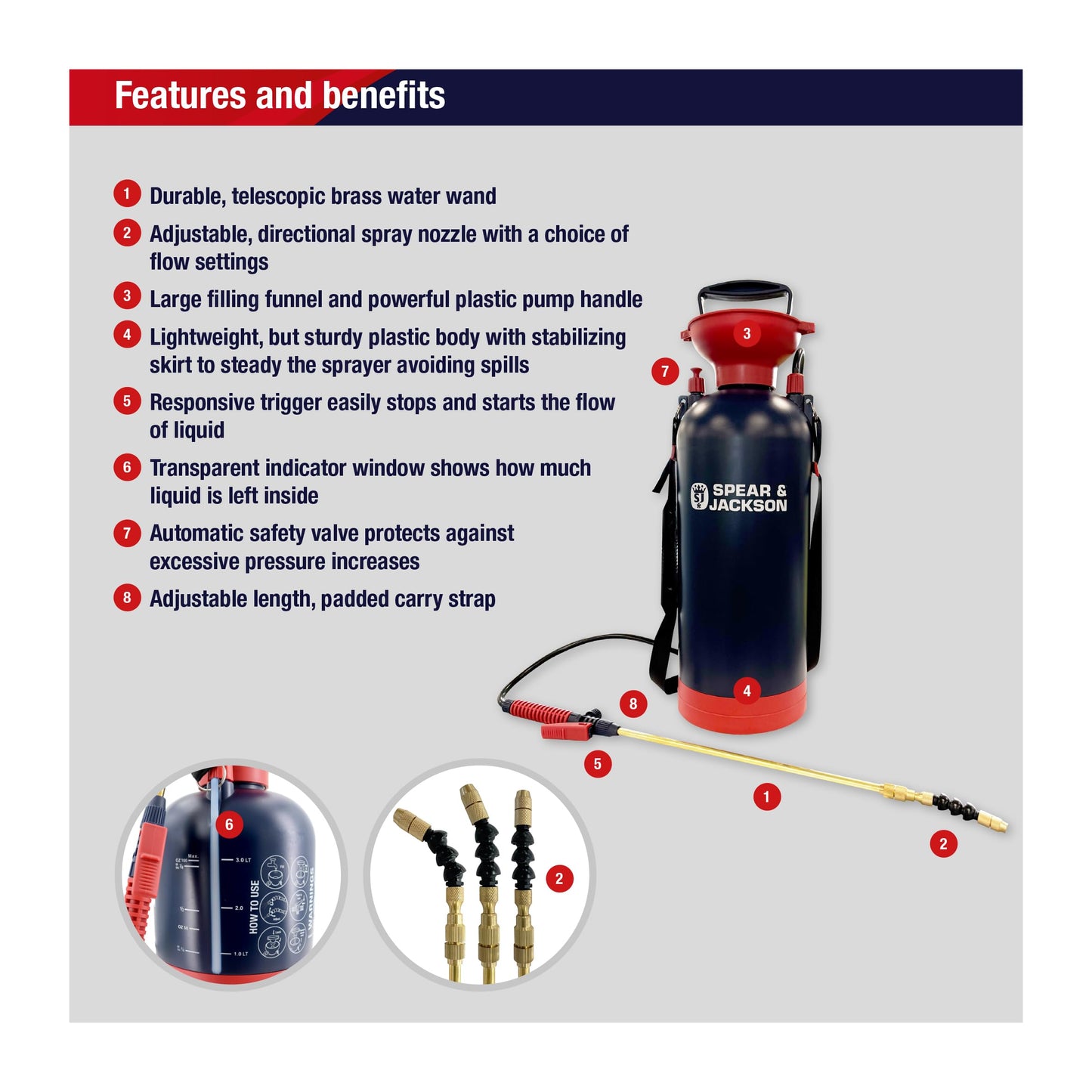 Spear & Jackson 8LPUMP 8-liter pressure sprayer with pump function - high-capacity universal sprayer for garden and outdoor use with telescopic brass lance