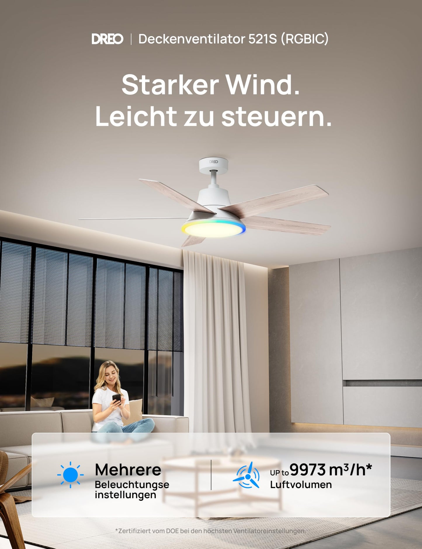 DREO Smart Ceiling Fan with Light, 52" 12 Speeds, 3 Modes, Continuously Dimmable LED Lighting, Quiet DC Motor, 12H Timer, Remote Control/APP/Alexa, Indoor, White - DR-HCF001AS