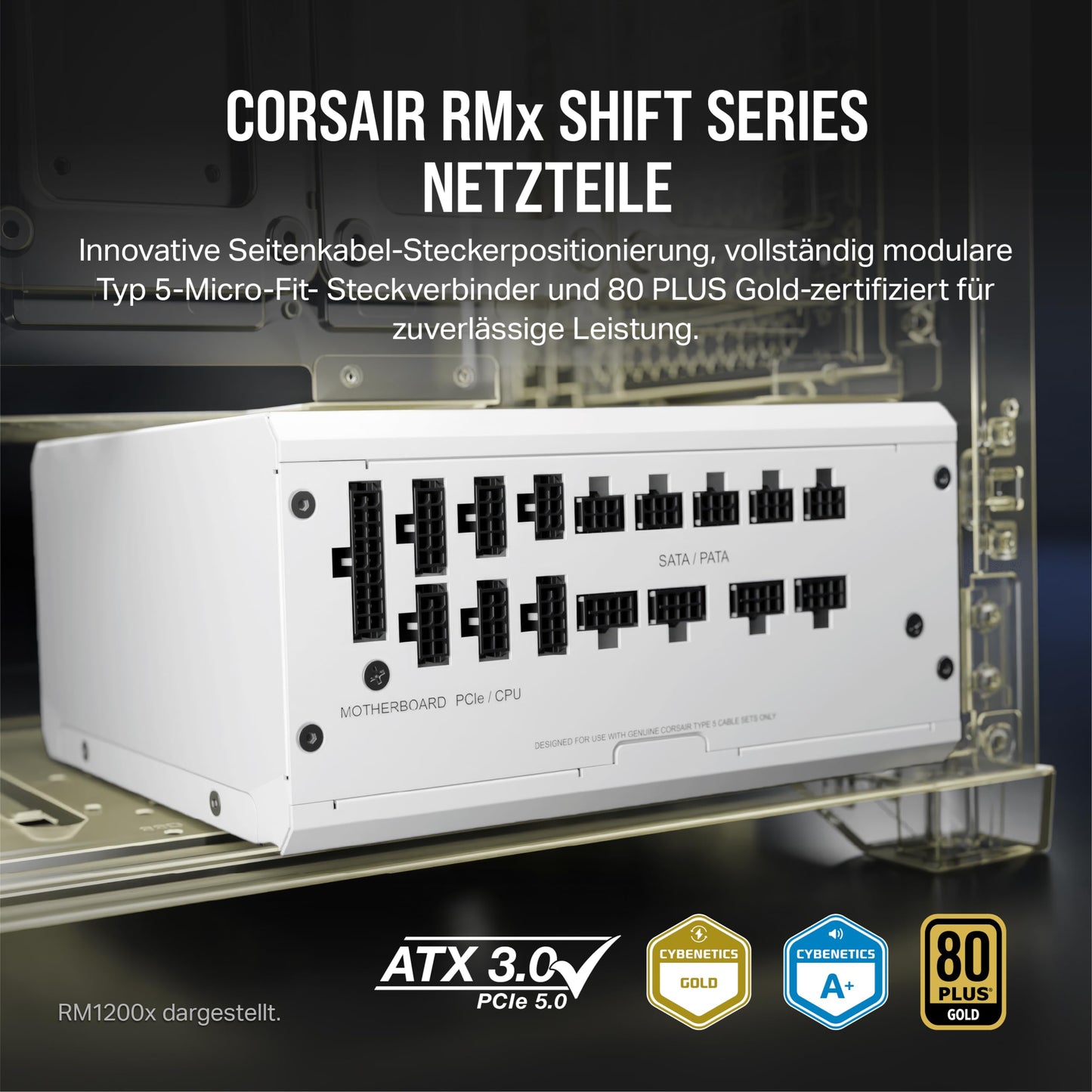 Corsair RM750x SHIFT Fully Modular ATX Power Supply - Modular Side Interface - ATX 3.1 & PCIe 5.1 Compatible - Zero Speed Fan Mode - 105°C Capacitors - 80 PLUS Gold Efficiency - White - CP-9020273-EU