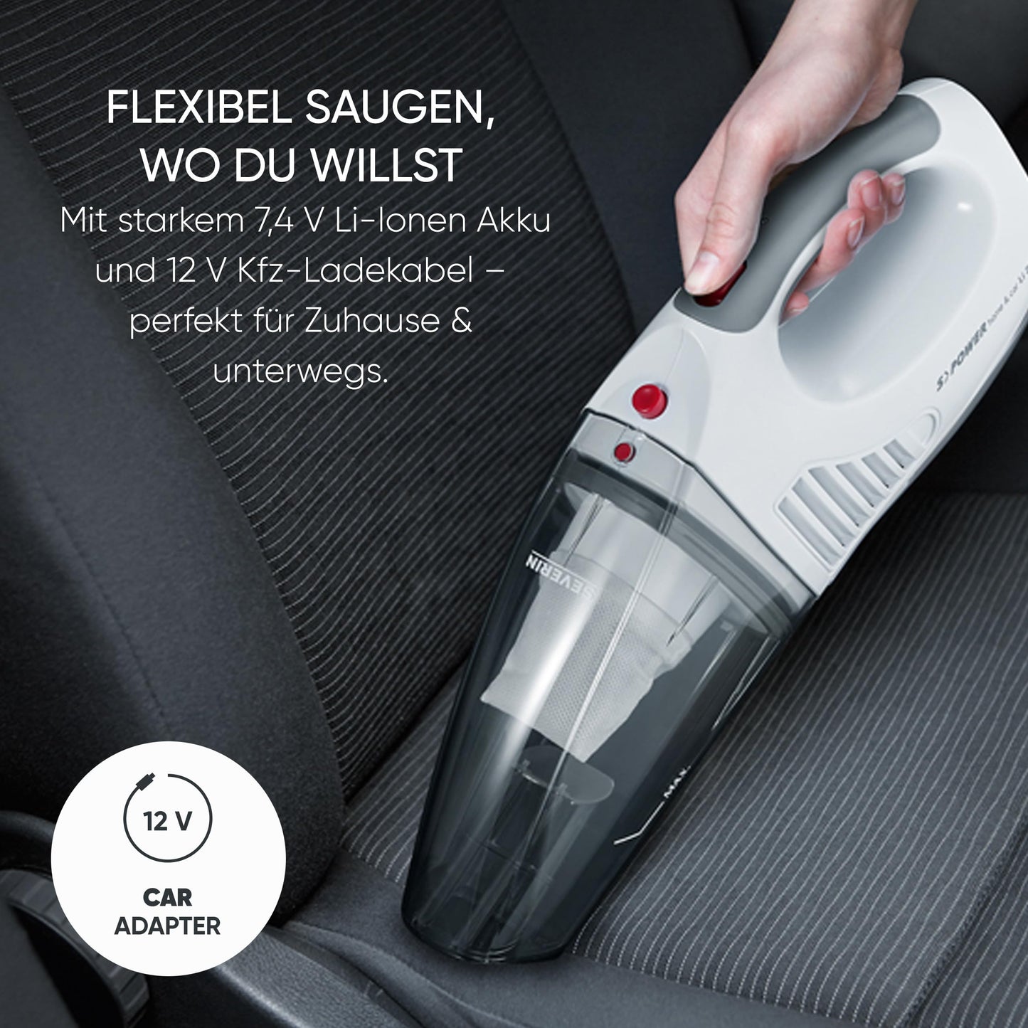 SEVERIN 3-in-1 cordless handheld vacuum cleaner S'POWER home & car, wireless wet & dry vacuum cleaner with 7.4V Li-ion battery, car vacuum cleaner including 12V charging cable, white/red, HV 7144