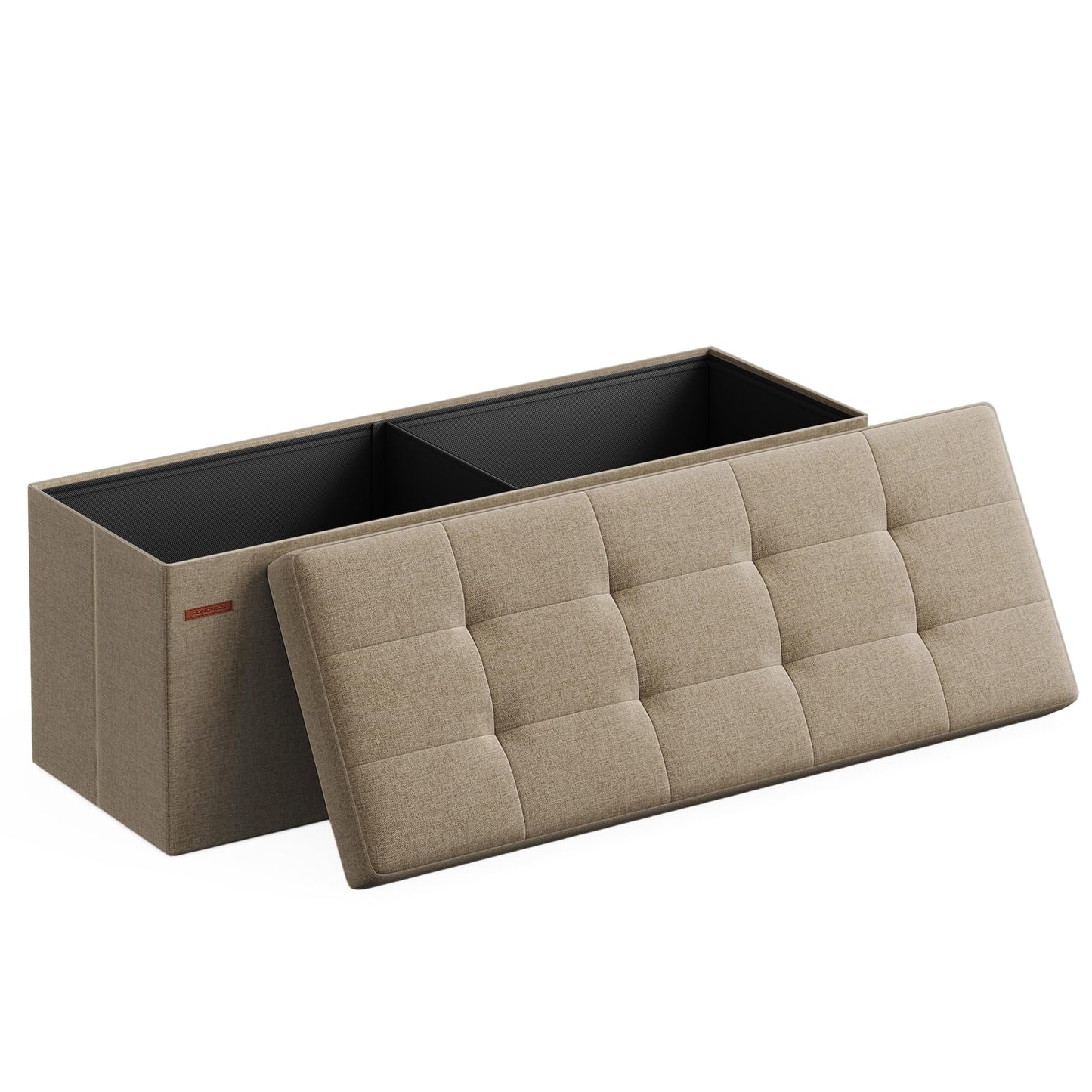 SONGMICS Stool with storage space, folding bench, 38 x 110 x 38 cm footstool, storage box, load capacity up to 300 kg, for living room, bedroom, hallway, camel brown LSF077R01