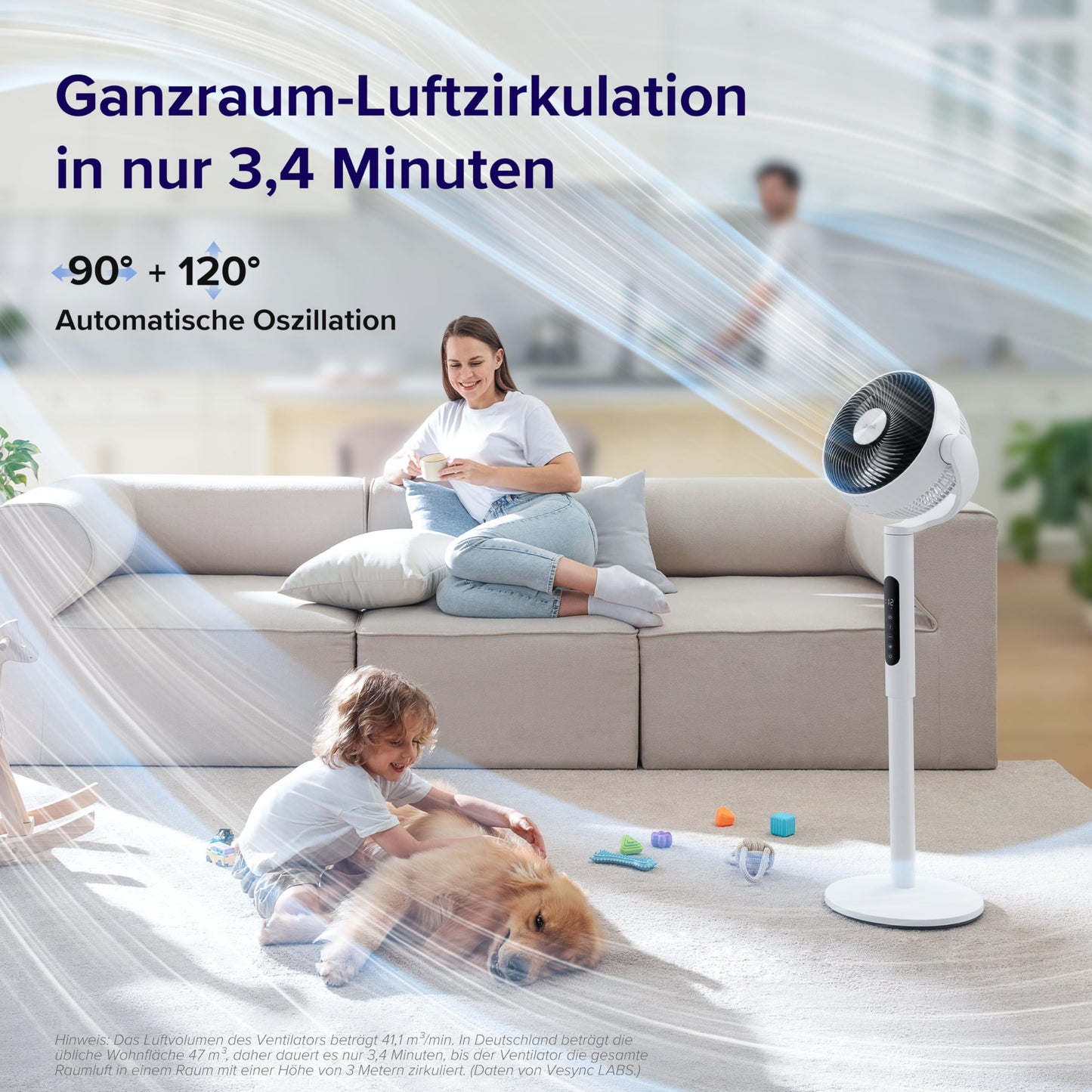 Levoit DC motor pedestal fan, 20dB quiet fan, 30m throwing distance, 2465m³/h air volume, fan with remote control and cooling, 2 in 1 height adjustable, 4 modes/12 levels/12 hour timer, white, 110cm - LPF-R432-WEU