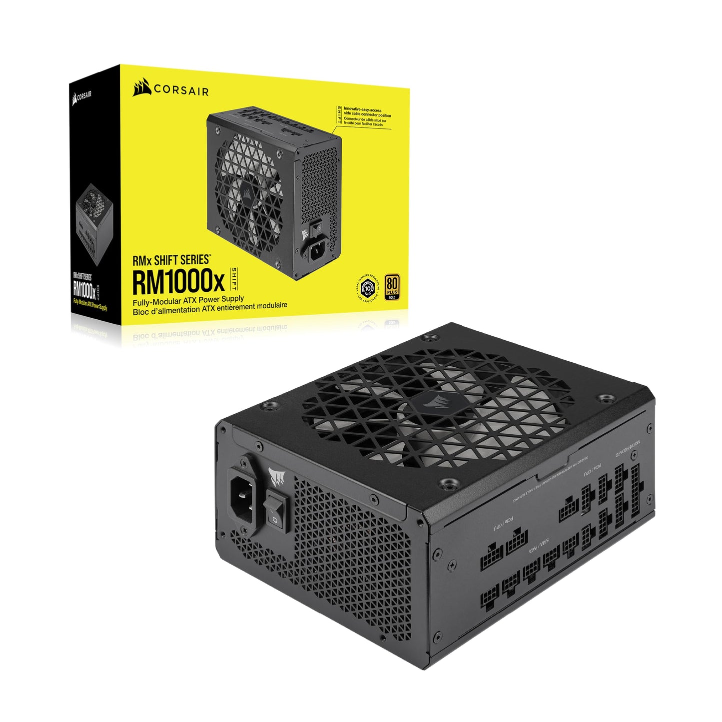 Corsair RM1000x Shift, Fully Modular ATX Power Supply, Modular Side Interface, ATX 3.1 & PCIe 5.1 Compatible, Zero Speed Fan Mode, 105°C Capacitors, 80 Plus Gold Efficiency, Black - CP-9020253-EU