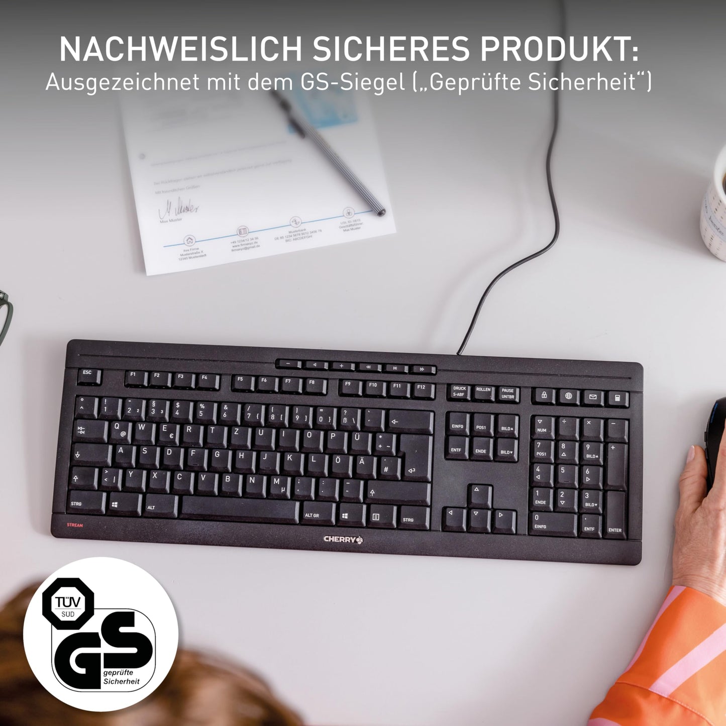 CHERRY Stream Keyboard, wired keyboard, German layout (QWERTZ), whisper-quiet keystroke, unique typing feel, flat design, white-gray - JK-8500DE-0