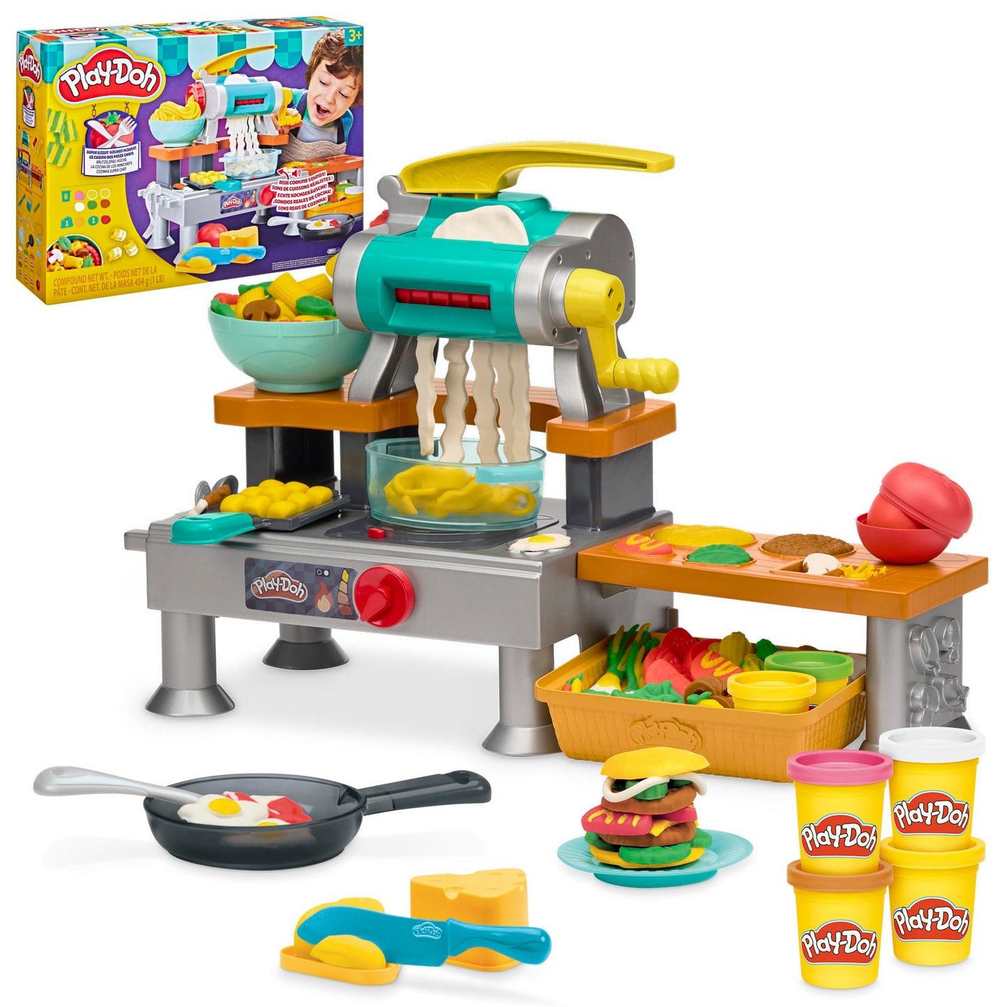 Play-Doh Sizzling Fun Kitchen, play set with realistic cooking sounds, more than 25 play snacks for kneading, for children to knead and play, ages 3 and up - G23095L0
