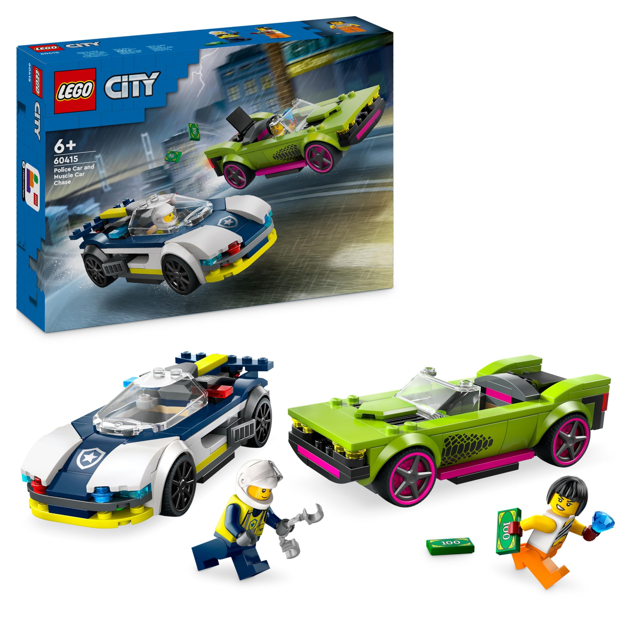 LEGO City chase with police car and muscle car, car toy train with 2 racing cars, police gift for children, boys and girls aged 6 and over, set with policeman and crook minifigures 60415