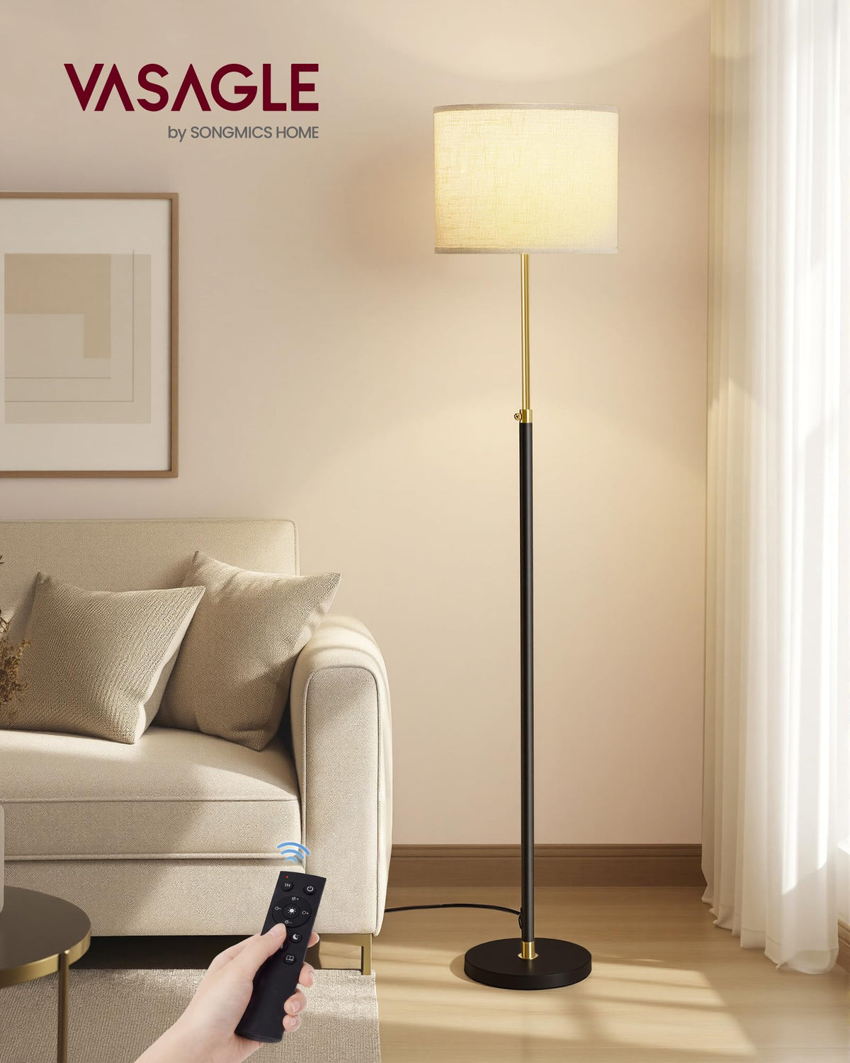 VASAGLE Floor Lamp, adjustable height, 140-170 cm tall, modern design, with foot switch, fabric lampshade, E27 socket, remote control, memory function, gold-black LFL005BD02