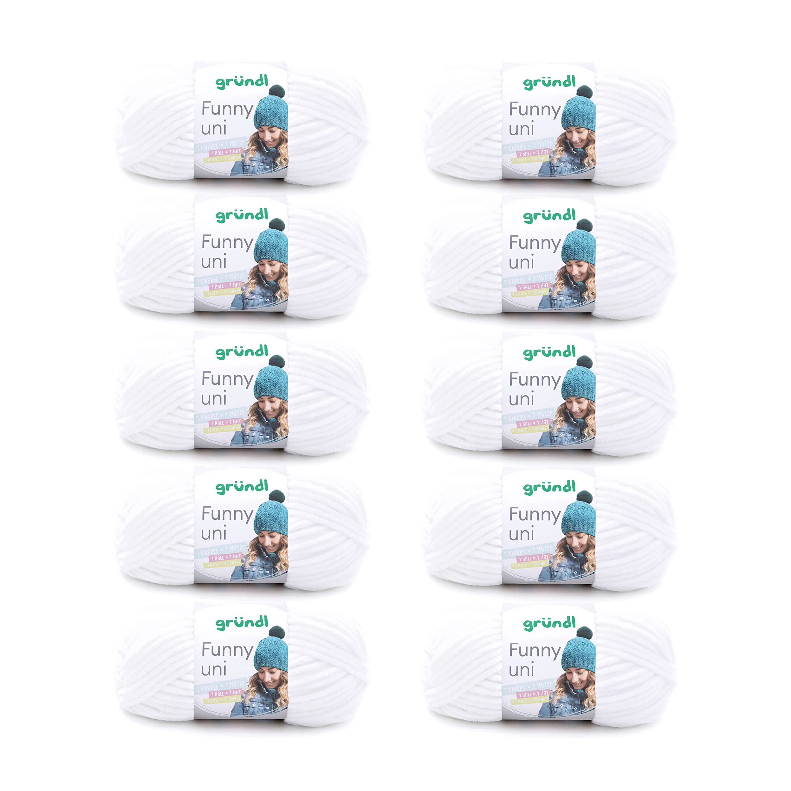Gründl Wolle Funny uni - lână moale tip chenille pentru croșetat - pufoasă și delicată cu pielea - 100% poliester - 10 sculuri 100 g / 120 m - mărime croșetă 5-6, alb - 3442-01