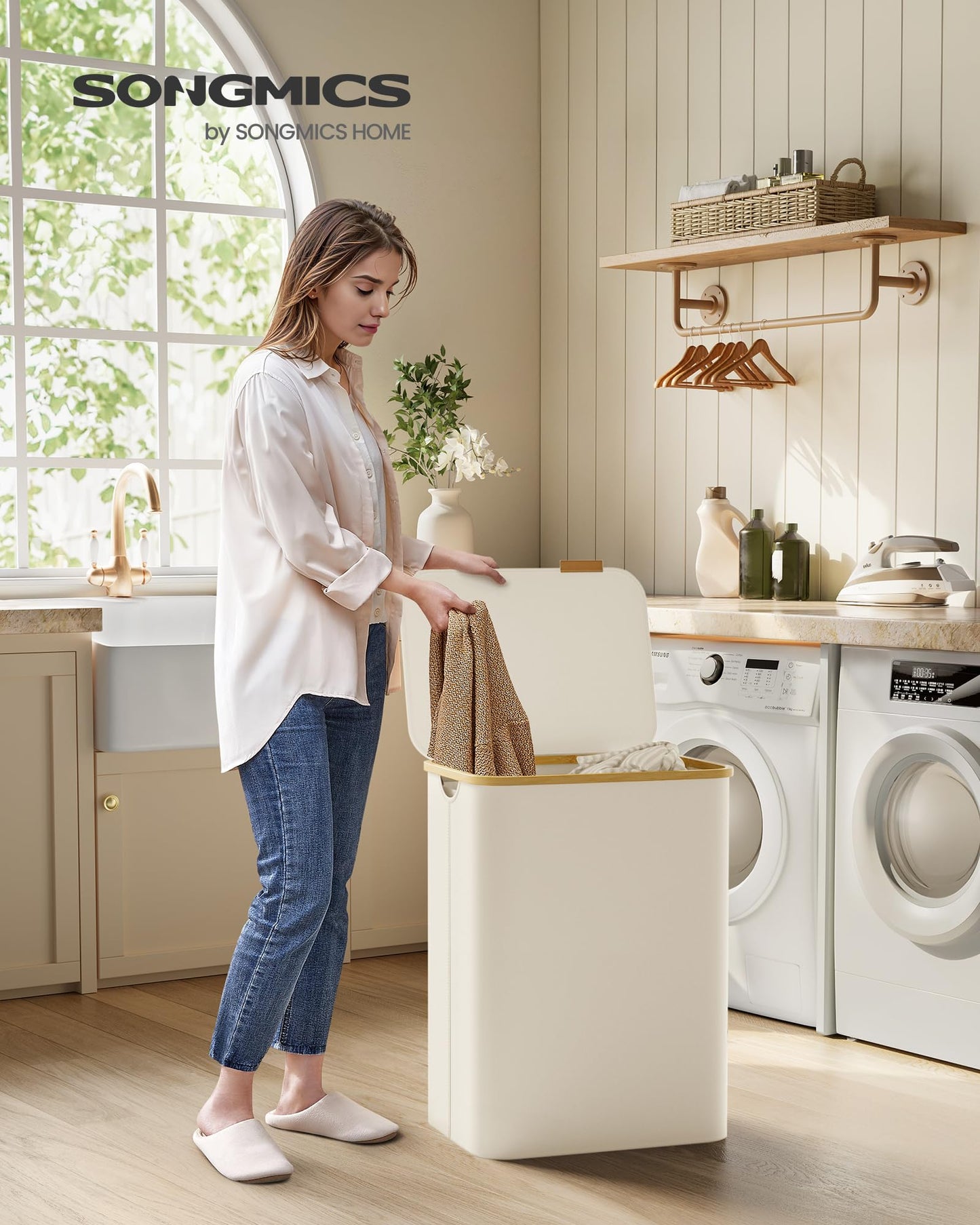 SONGMICS Laundry Basket with Lid, Laundry Hamper with 2 Compartments, 130L, Removable Laundry Bag, Oxford Fabric, Bamboo Handles, Foldable, 52 x 38.5 x 70.5 cm, Cream White LCB513W01 - LCB513W01V1