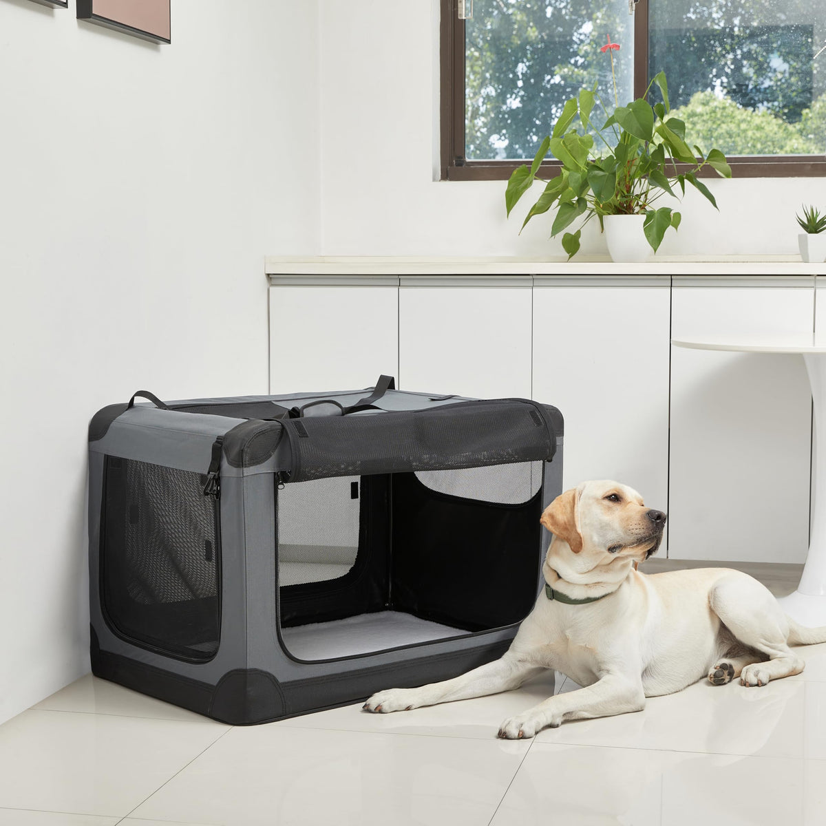 Amazon Basics Portable, Foldable Travel Crate with Soft Sides and 4 Doors, Size L, for Cats, Dogs, Rabbits, and Other Small Animals, Gray, L 91 x W 61 x H 61 cm - 12002N-36-APL