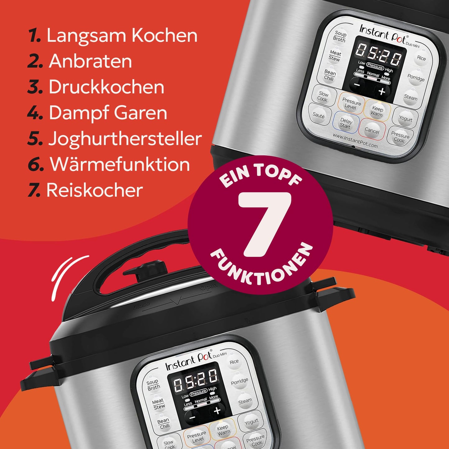 Instant Pot Duo 30 electric multi-cooker 3L - pressure cooker, slow cooker, rice cooker, sauté pan, yogurt maker, steamer and food warmer, made of stainless steel, silver - 110-0045-01-EU