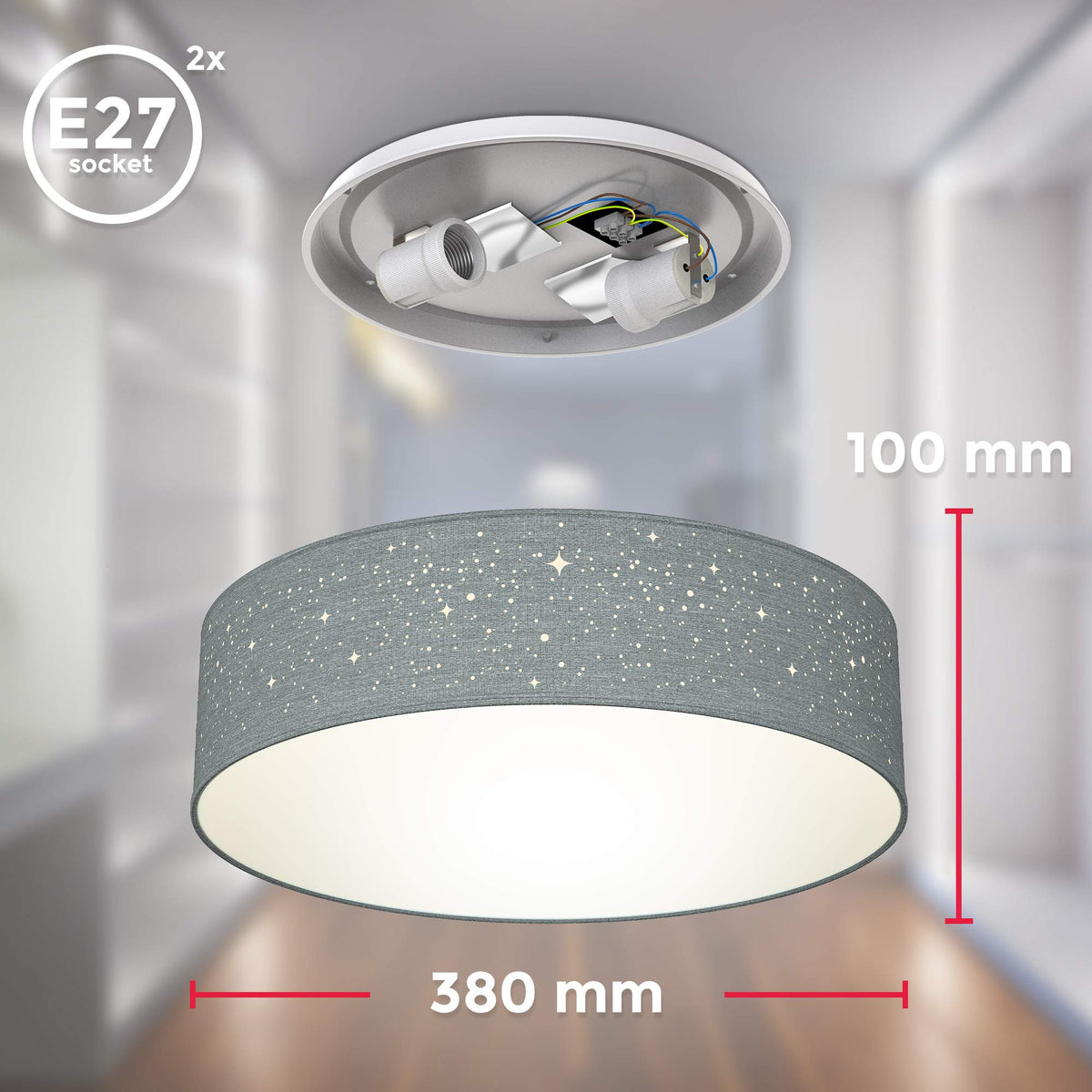 B.K.Licht - Ceiling lamp, lampshade with star effect, fabric lampshade, E27 socket, max. 40 watts, ceiling light, lamp, living room lamp, bedroom lamp, kitchen lamp, 38x10 cm, gray - BKL1346