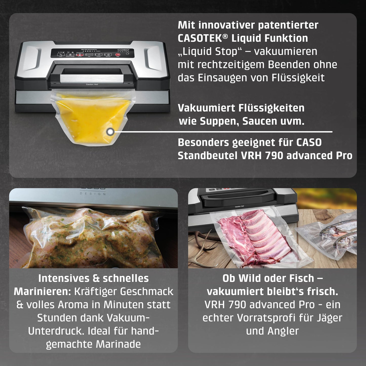 CASO VRH 790 advanced Pro - vacuum sealer, vacuum sealing device, test rating Very Good, 200 vacuum sealing processes non-stop, with patented CASOTEK Liquid function, double weld seam, including vacuum bag - 1528